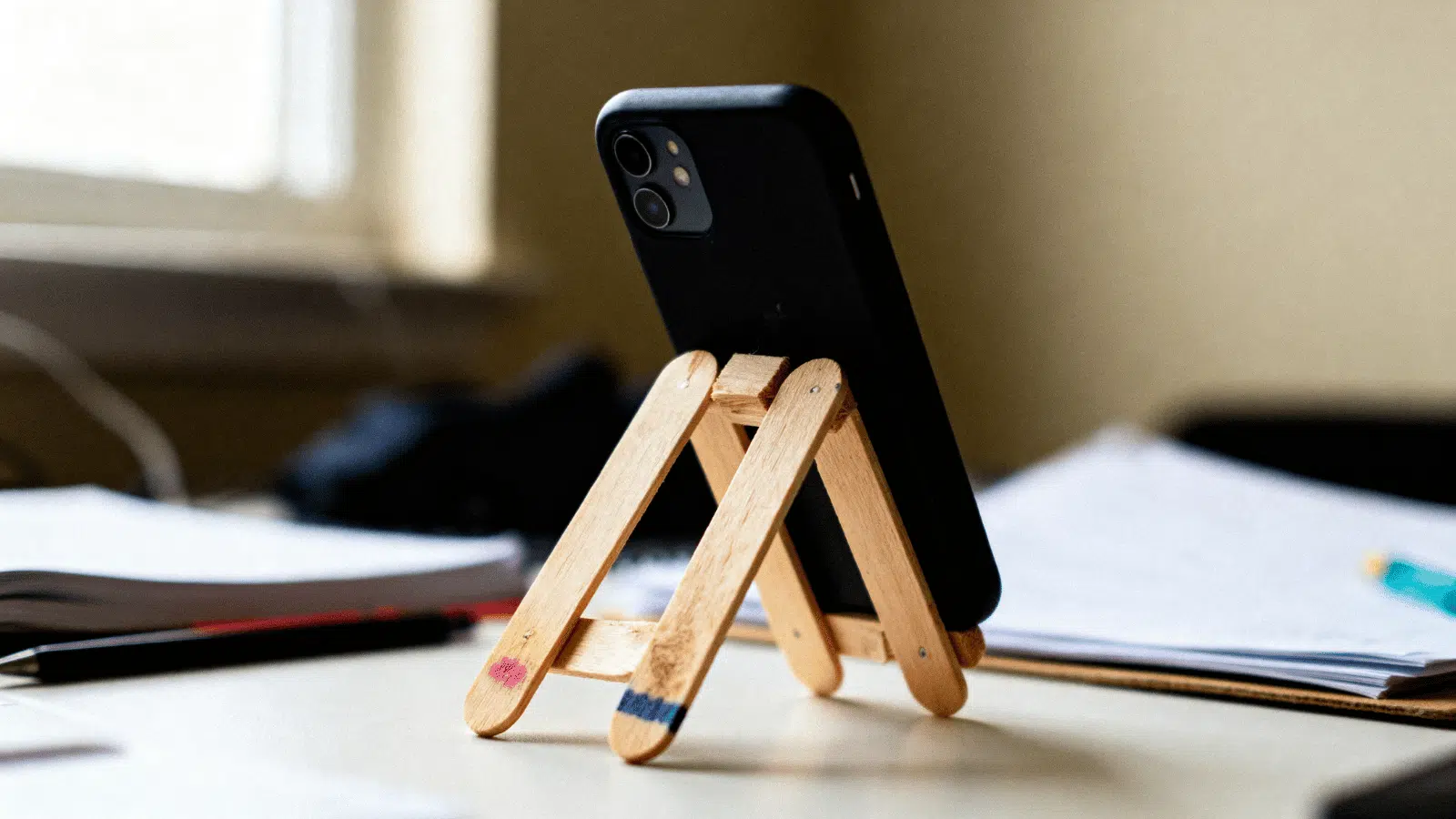 handmade popsicle stick phone stand holding a smartphone on a study desk in natural light