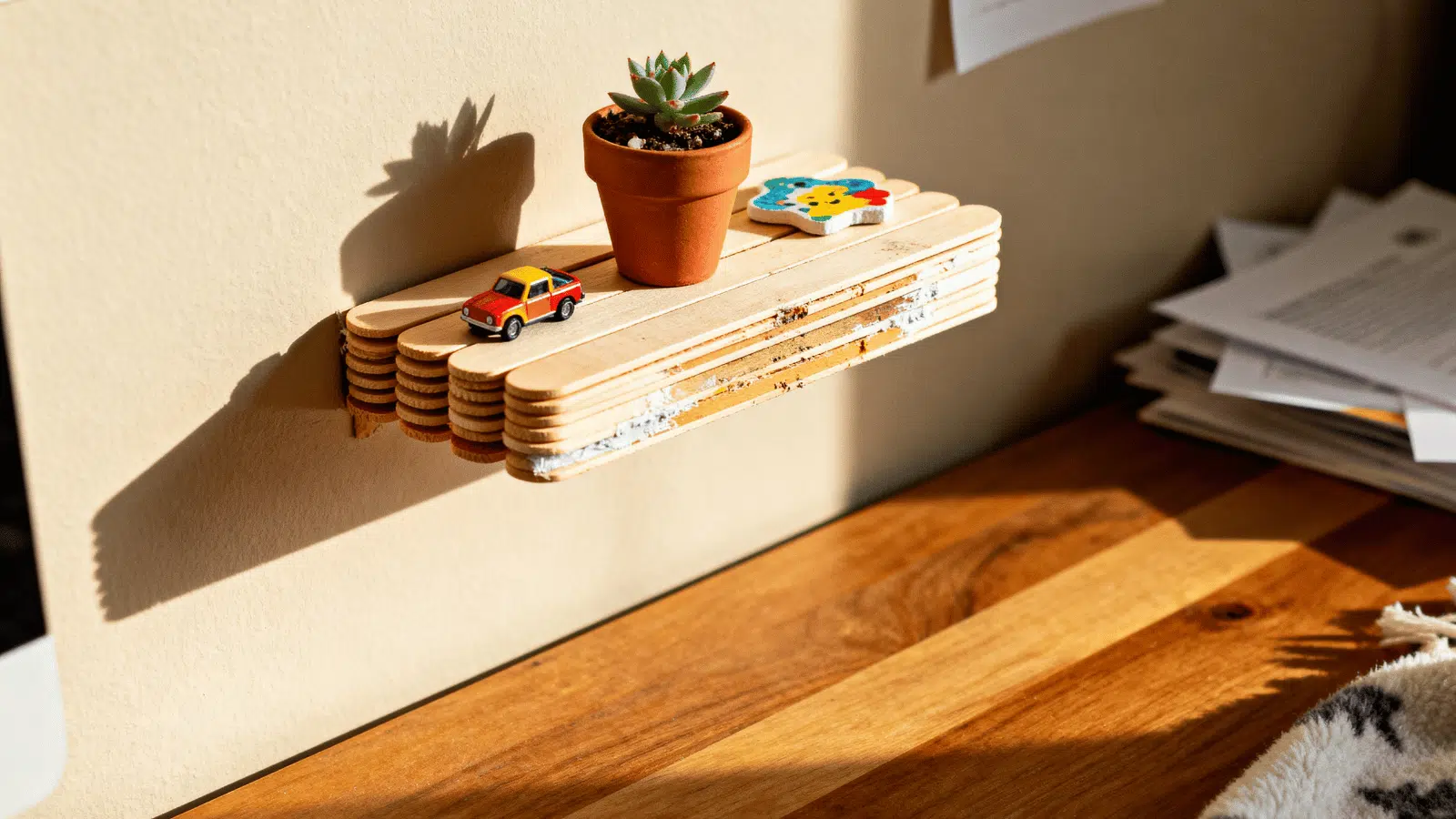 handmade popsicle stick mini shelf holding a tiny plant and small décor on a desk.
