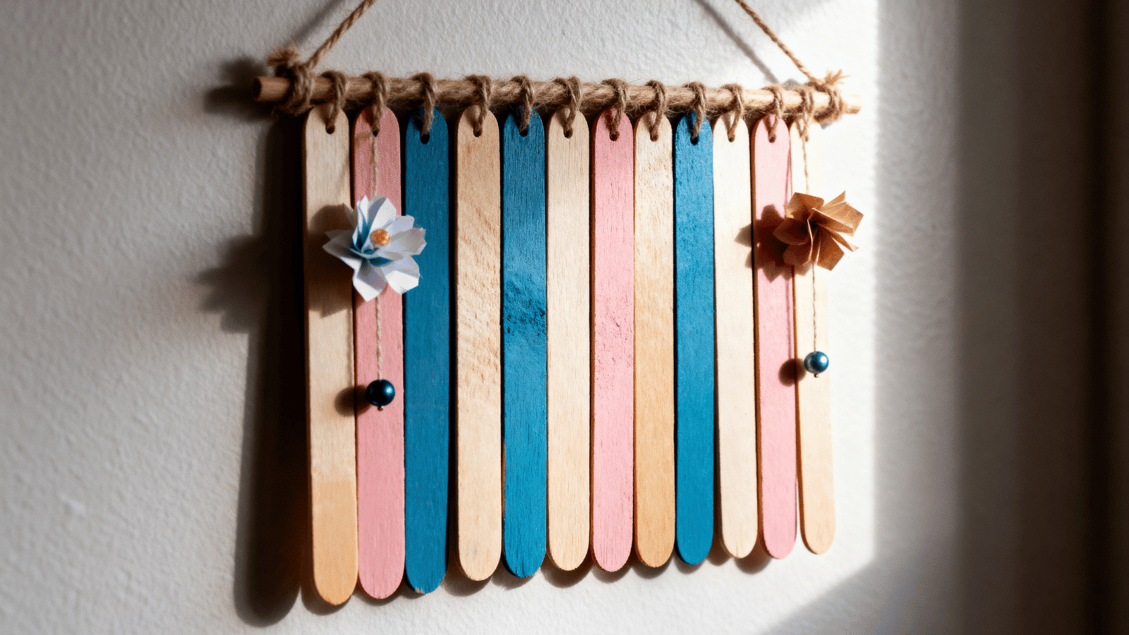 handmade popsicle stick wall hanging with beads, thread, and simple decorations on a light wall.