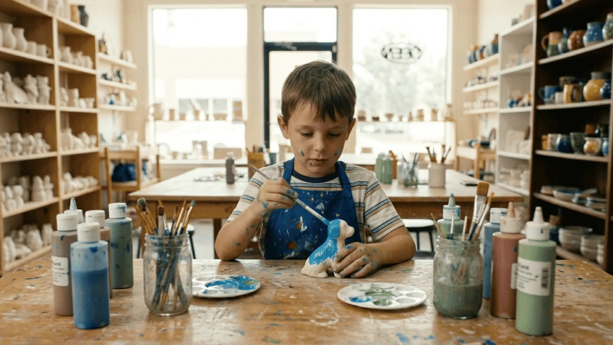 child paints a ceramic figurine at a pottery studio surrounded by brushes, paints, and handmade pieces.