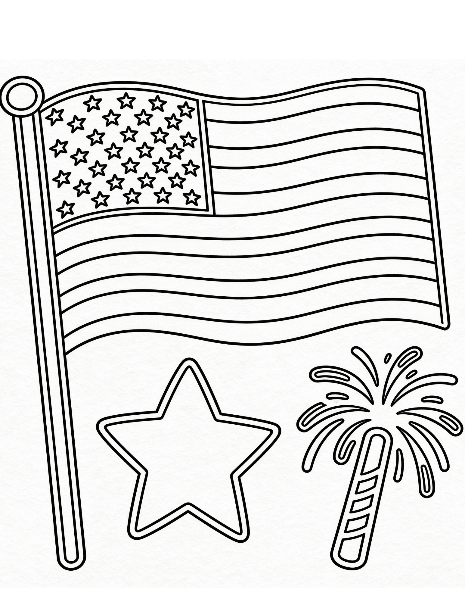 fourth of july preschool coloring page with flag star heart and fireworks black outline printable design