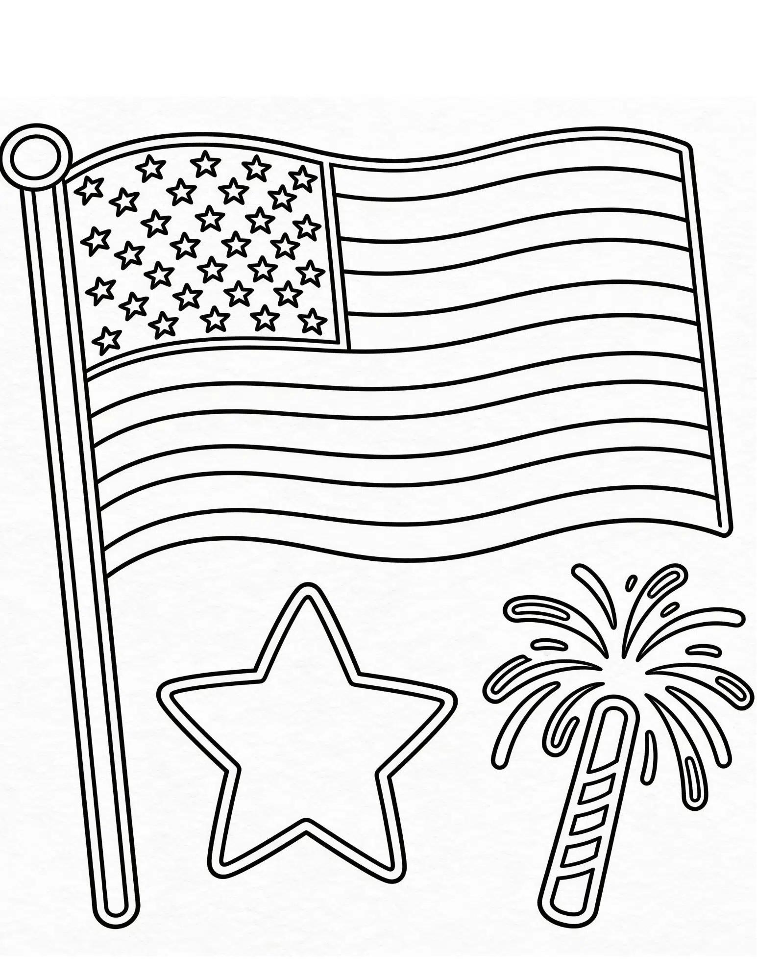 fourth of july preschool coloring page with flag star heart and fireworks black outline printable design