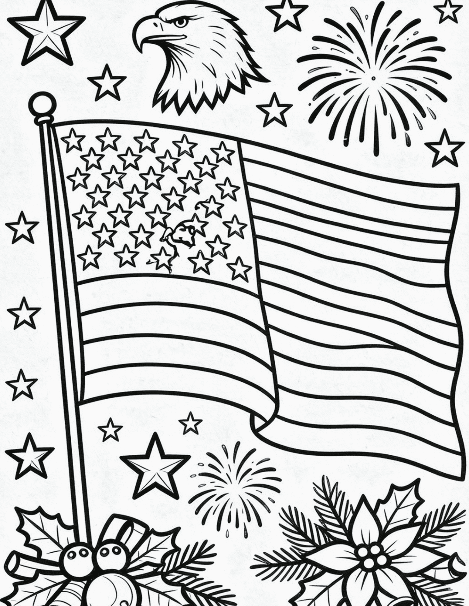 printable fourth of july coloring page with flag eagle fireworks and patriotic decorations