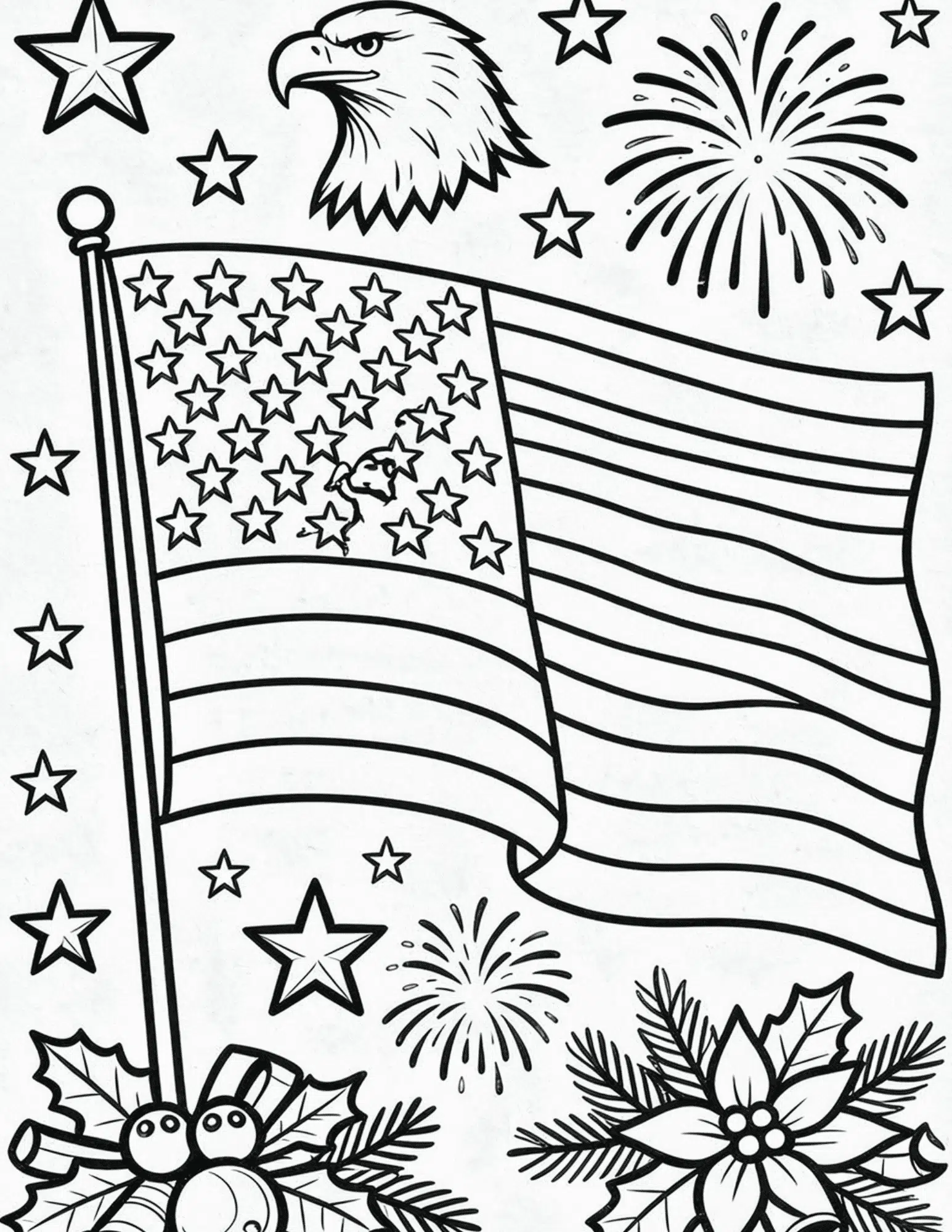 printable fourth of july coloring page with flag eagle fireworks and patriotic decorations