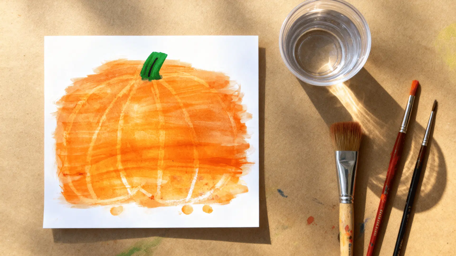 pumpkin crayon resist painting revealed with orange watercolor paint on cardstock