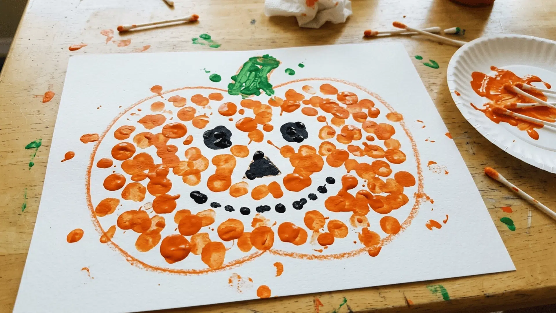 pumpkin dot painting made by a toddler using Q-tips and orange paint