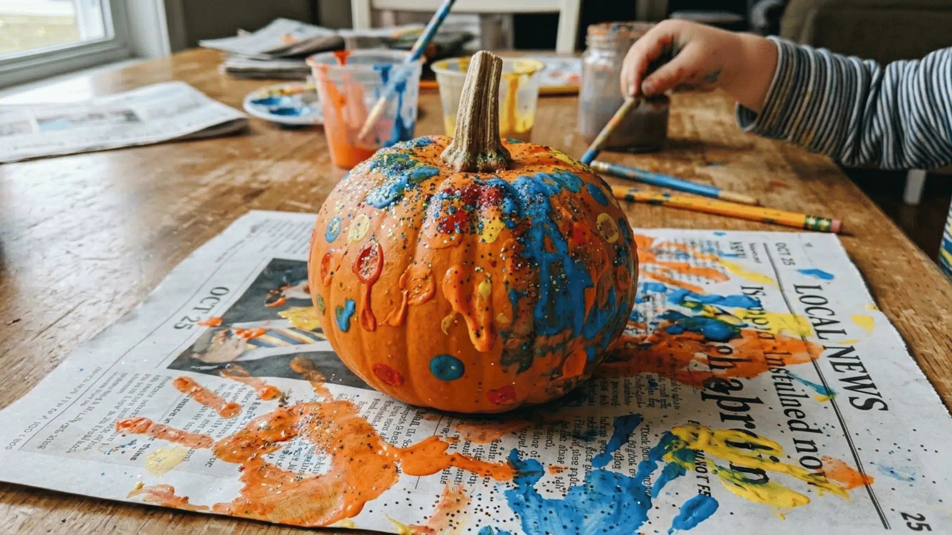 toddler-made handprint pumpkin craft painted with orange paint on white cardstock.