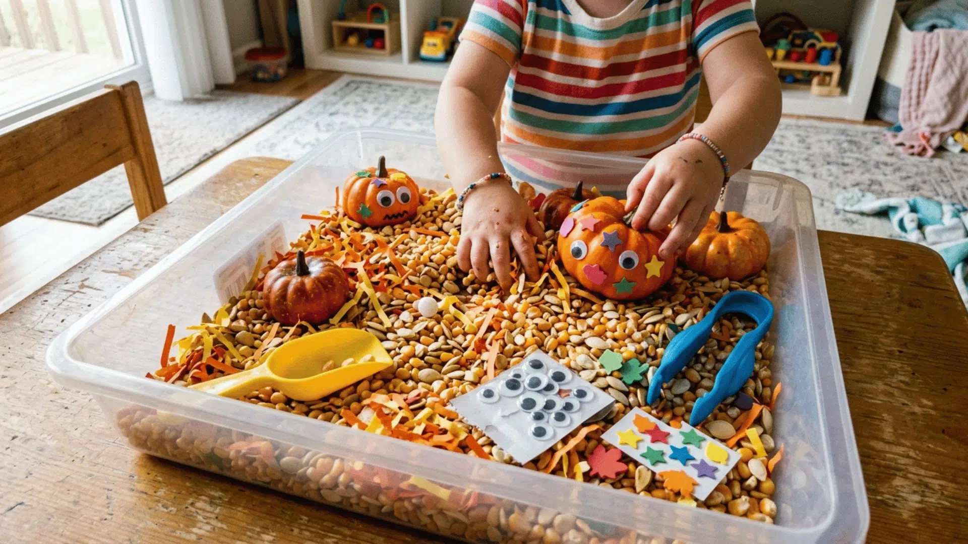 pumpkin sensory bin filled with seeds, shredded paper, and small pumpkins for toddler play.