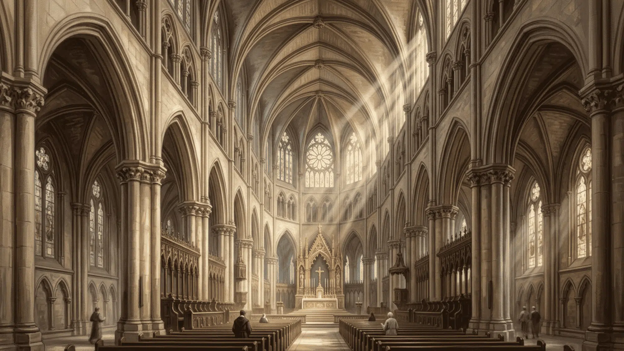 cathedral interior with lines and light rays leading toward a central focal point