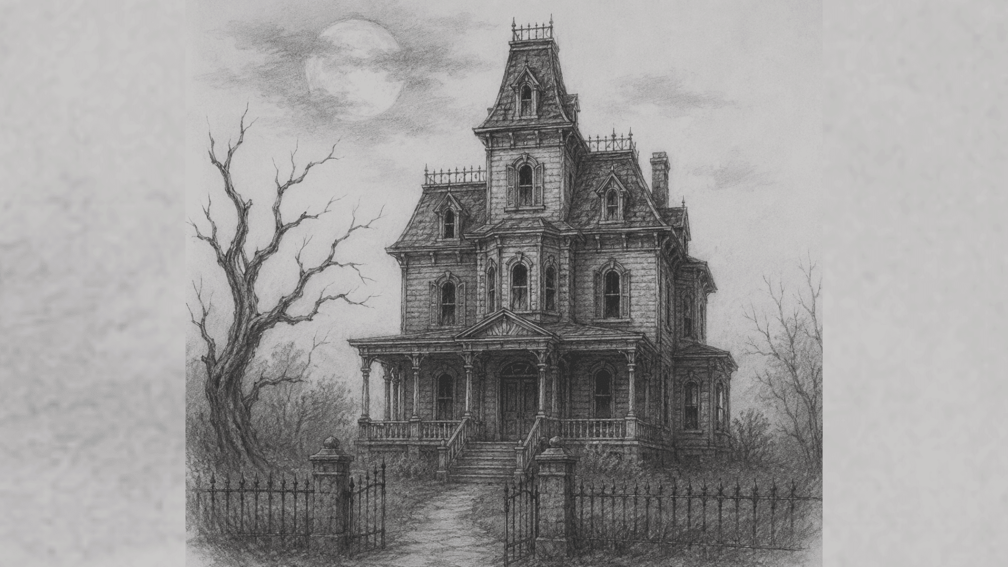 moonlit victorian haunted house sketch with eerie trees, detailed shading, and spooky full moon background.
