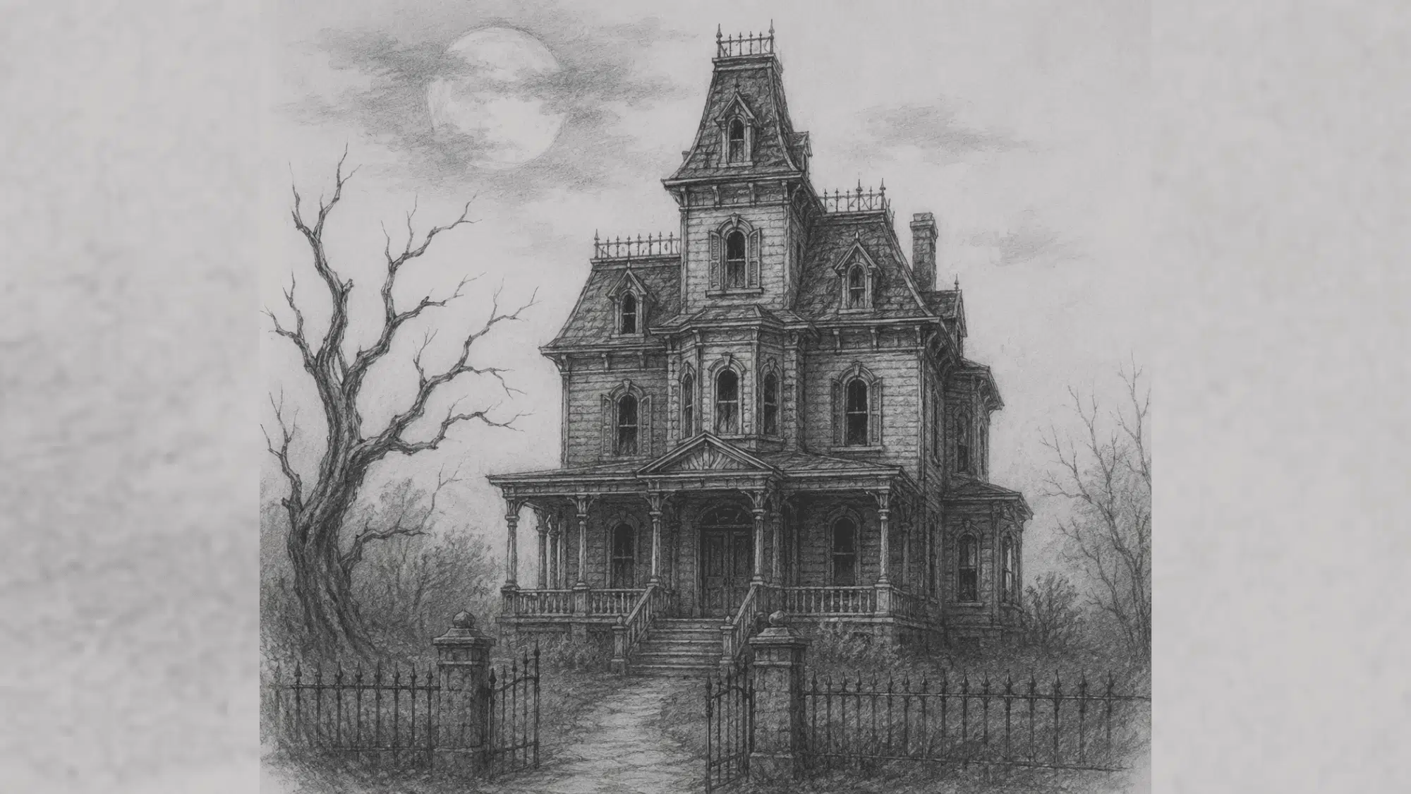 moonlit victorian haunted house sketch with eerie trees, detailed shading, and spooky full moon background.
