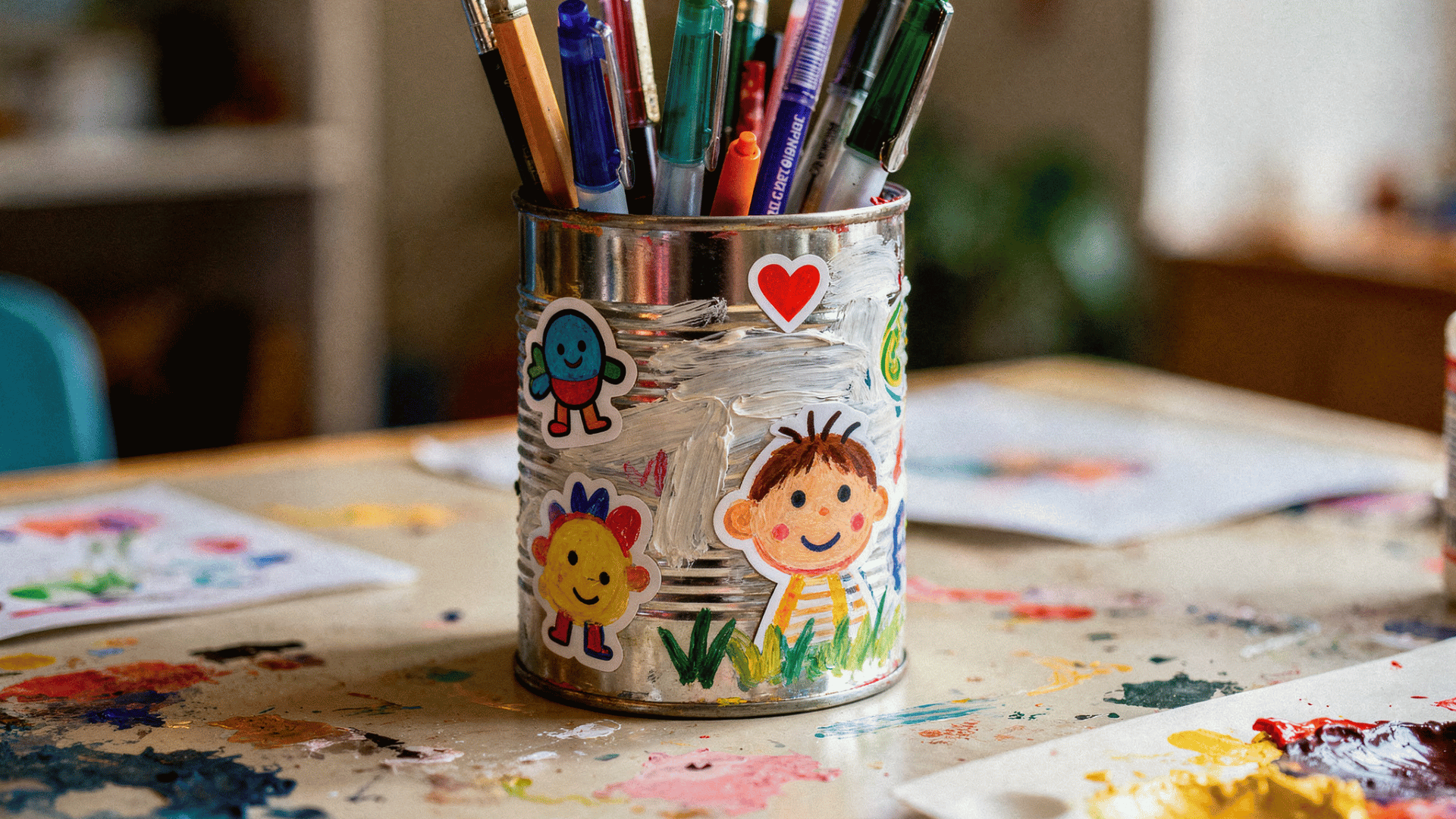 painted recycled tin can pen holder decorated by a toddler with stickers and colorful doodles.