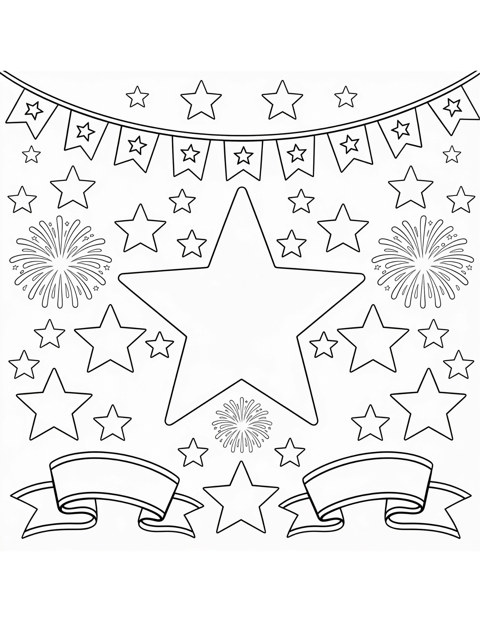 patriotic stars ribbons and banners black and white outline coloring page for fourth of july fun