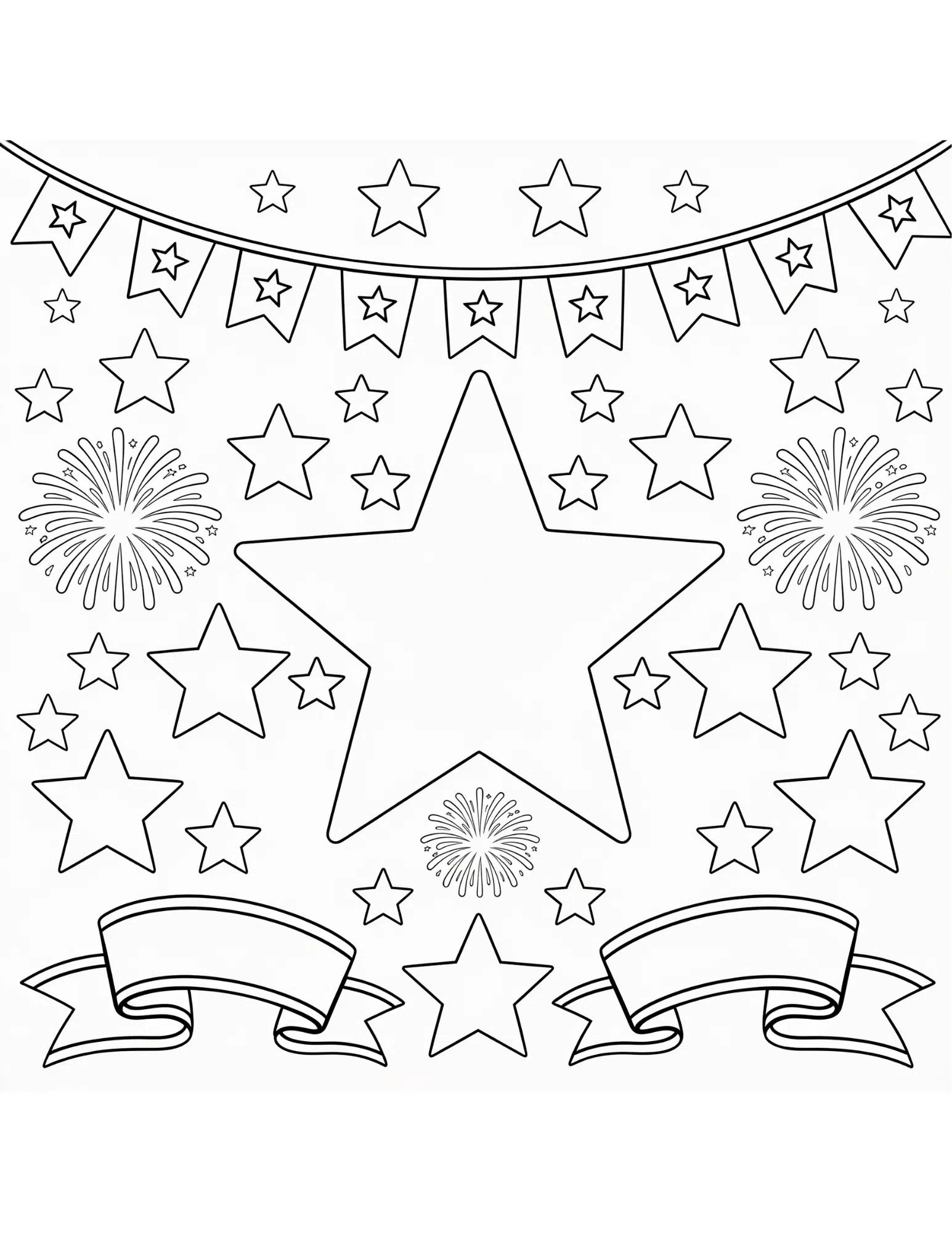 patriotic stars ribbons and banners black and white outline coloring page for fourth of july fun