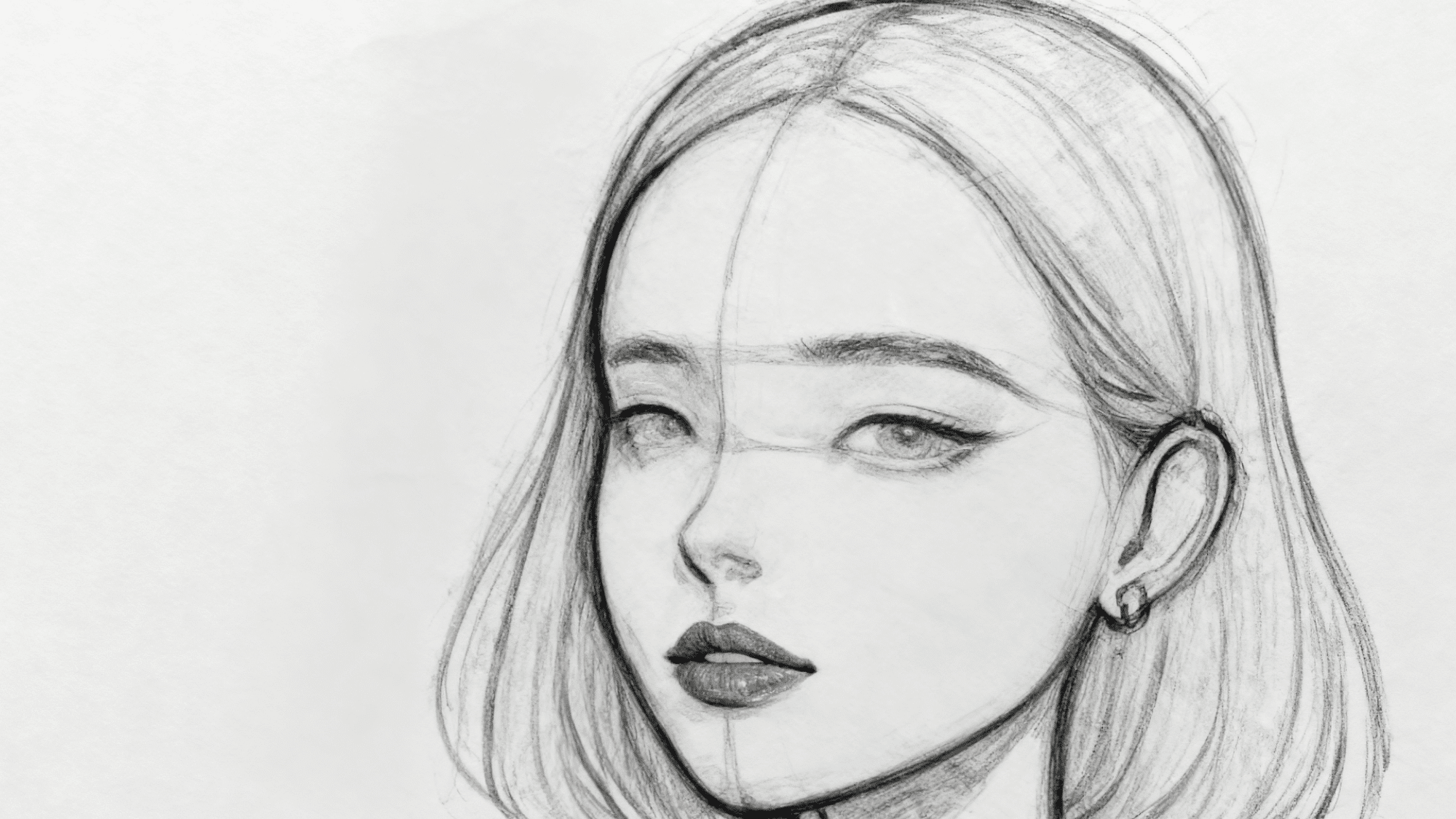 Pencil sketch showing refined eyes, nose, lips, ears, and detailed hair outline