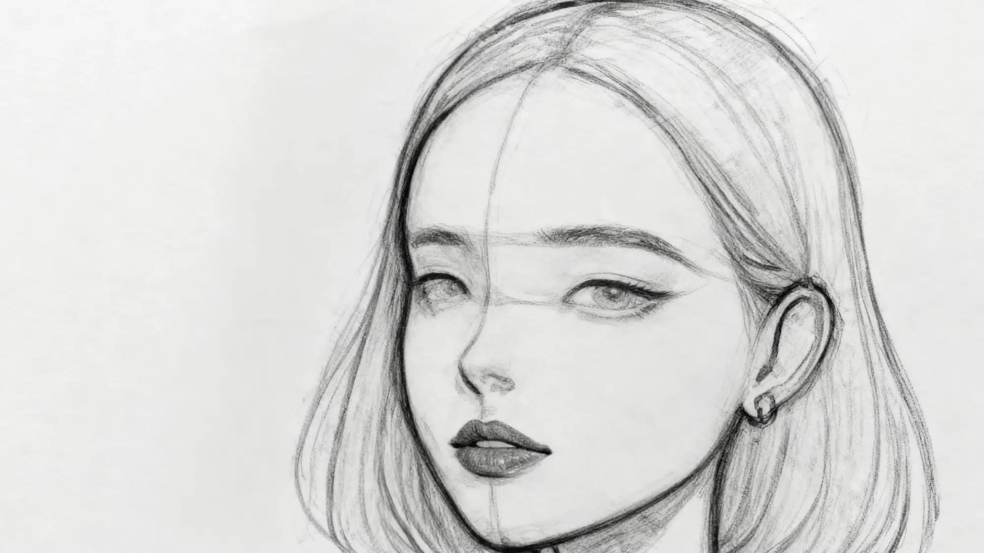 Pencil sketch showing refined eyes, nose, lips, ears, and detailed hair outline