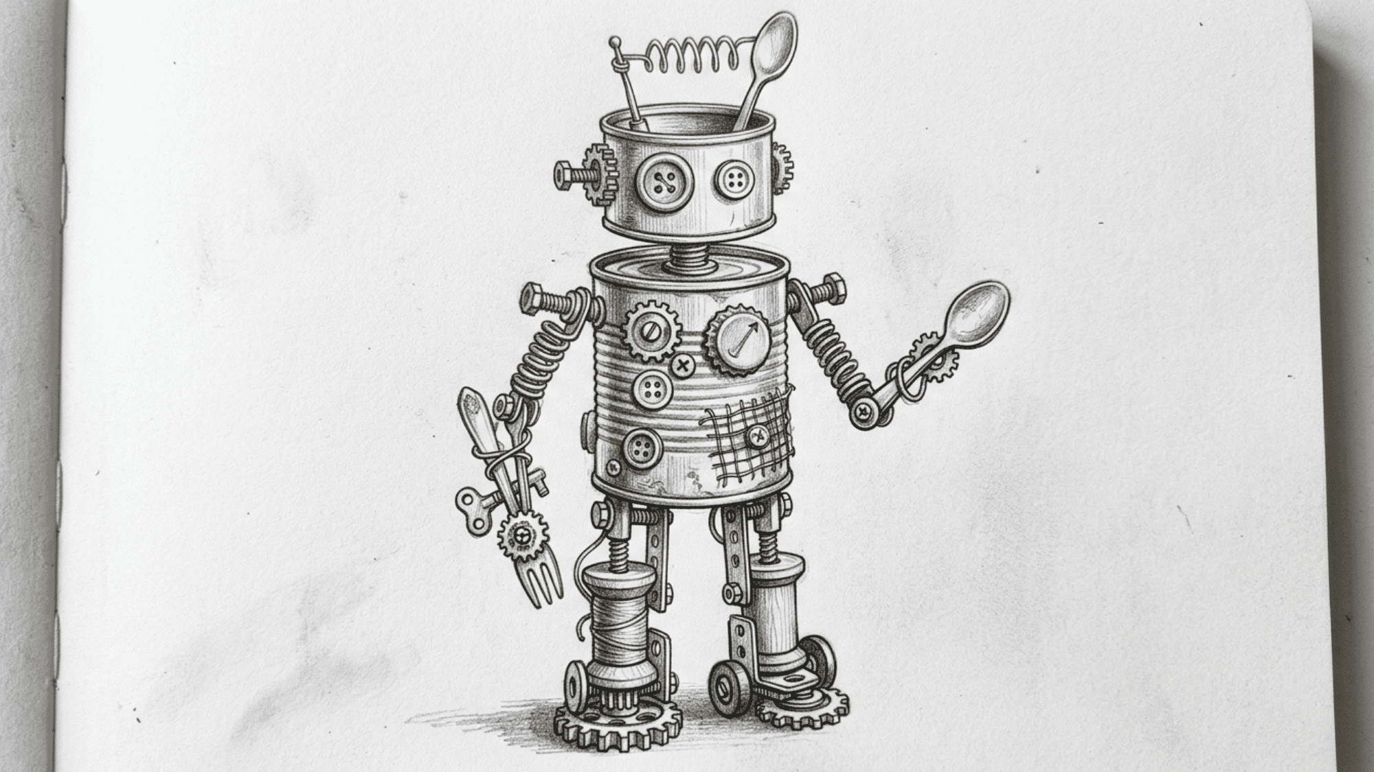 robot made from everyday objects pencil sketch featuring gears cans buttons and tools