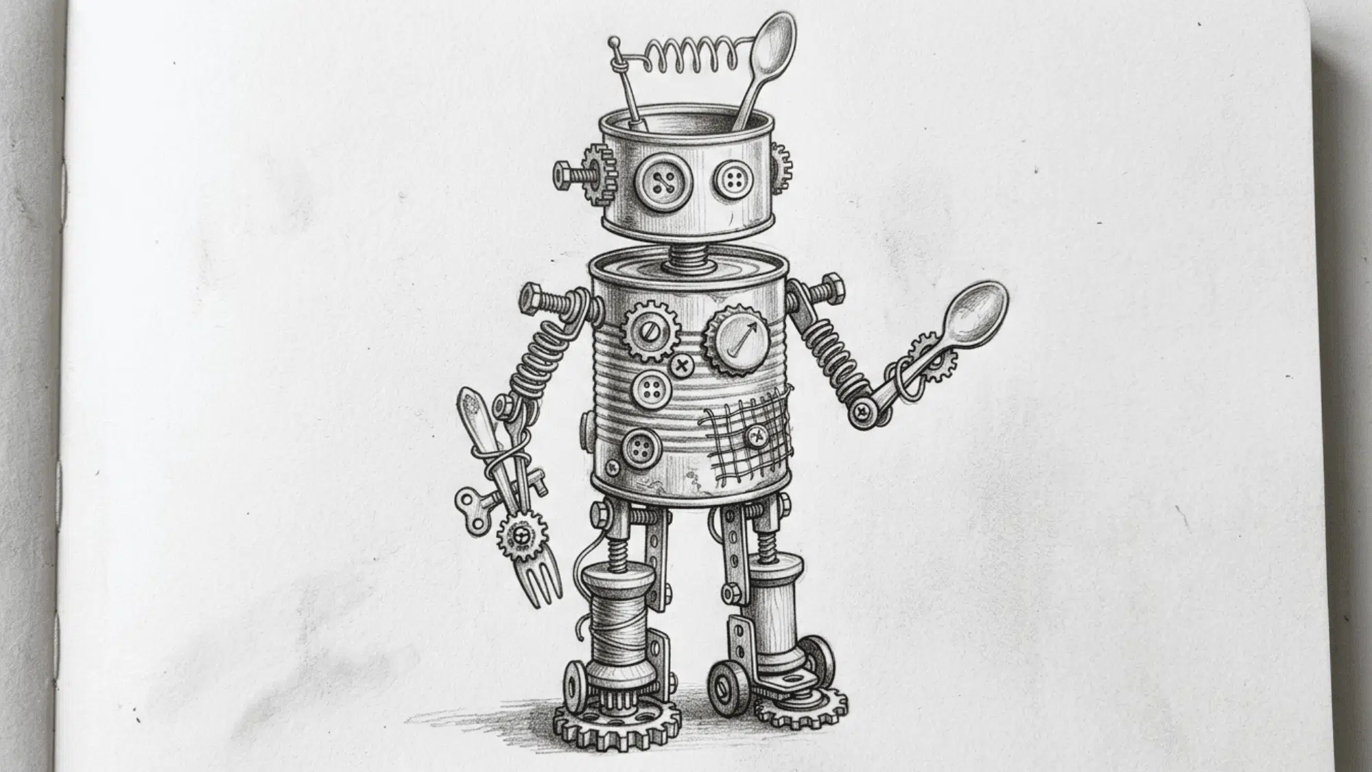 robot made from everyday objects pencil sketch featuring gears cans buttons and tools