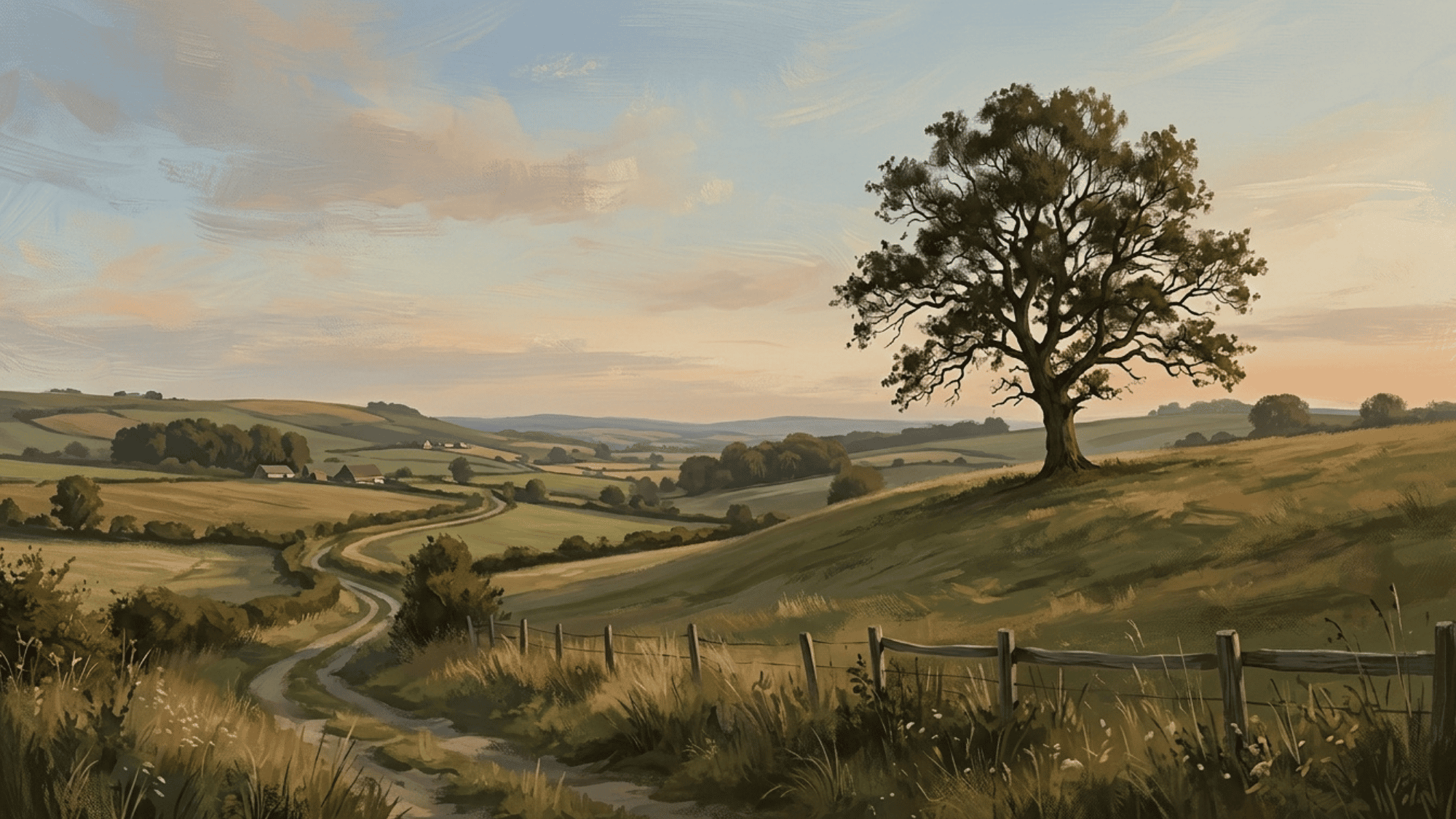 lone tree placed off-center in a countryside scene, showing rule of thirds with balanced sky and foreground