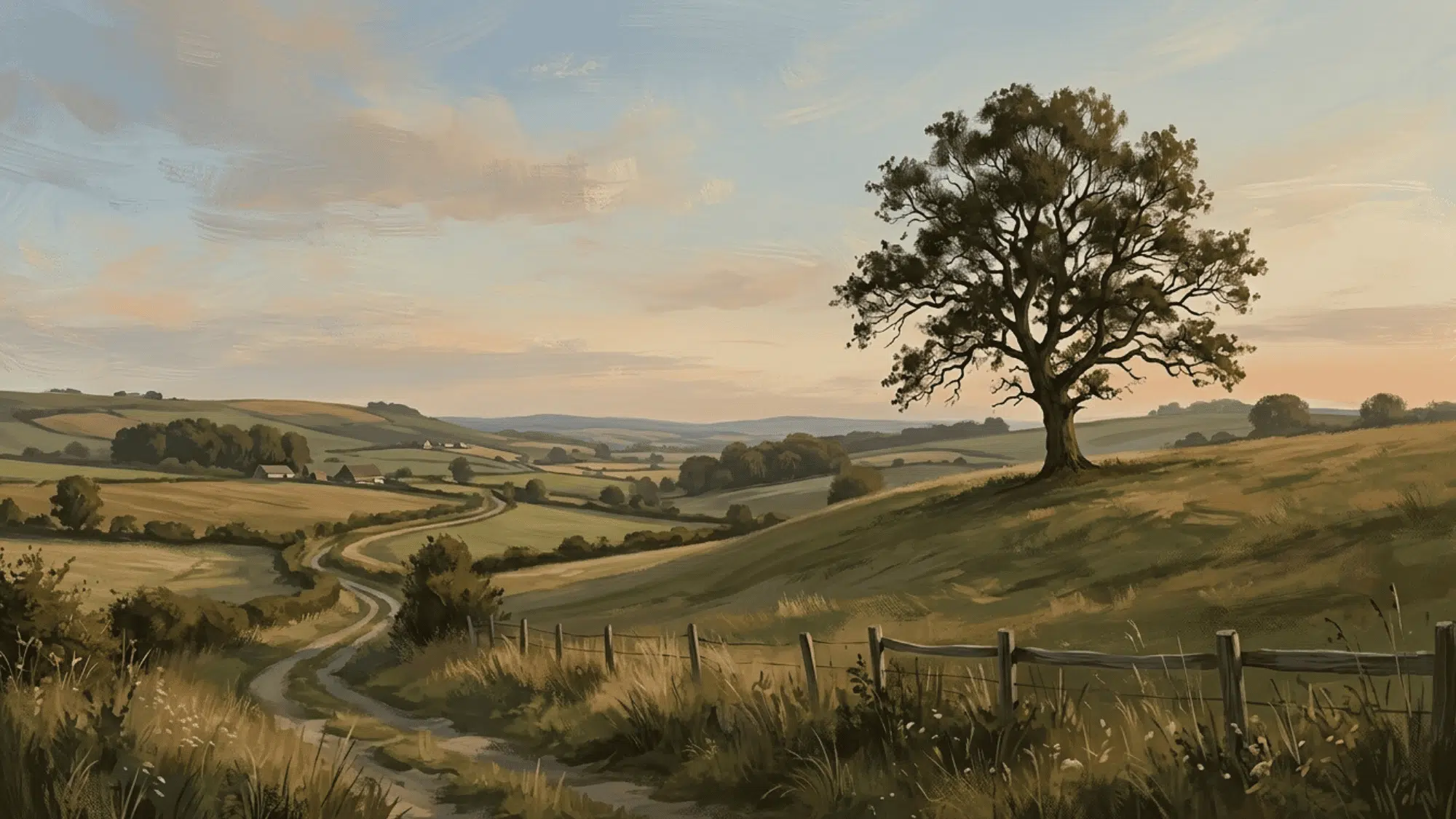 lone tree placed off-center in a countryside scene, showing rule of thirds with balanced sky and foreground