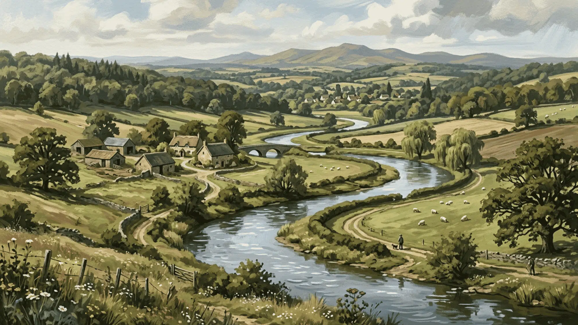 inding river flowing through a countryside landscape in an S-shaped path that guides the viewer’s eye