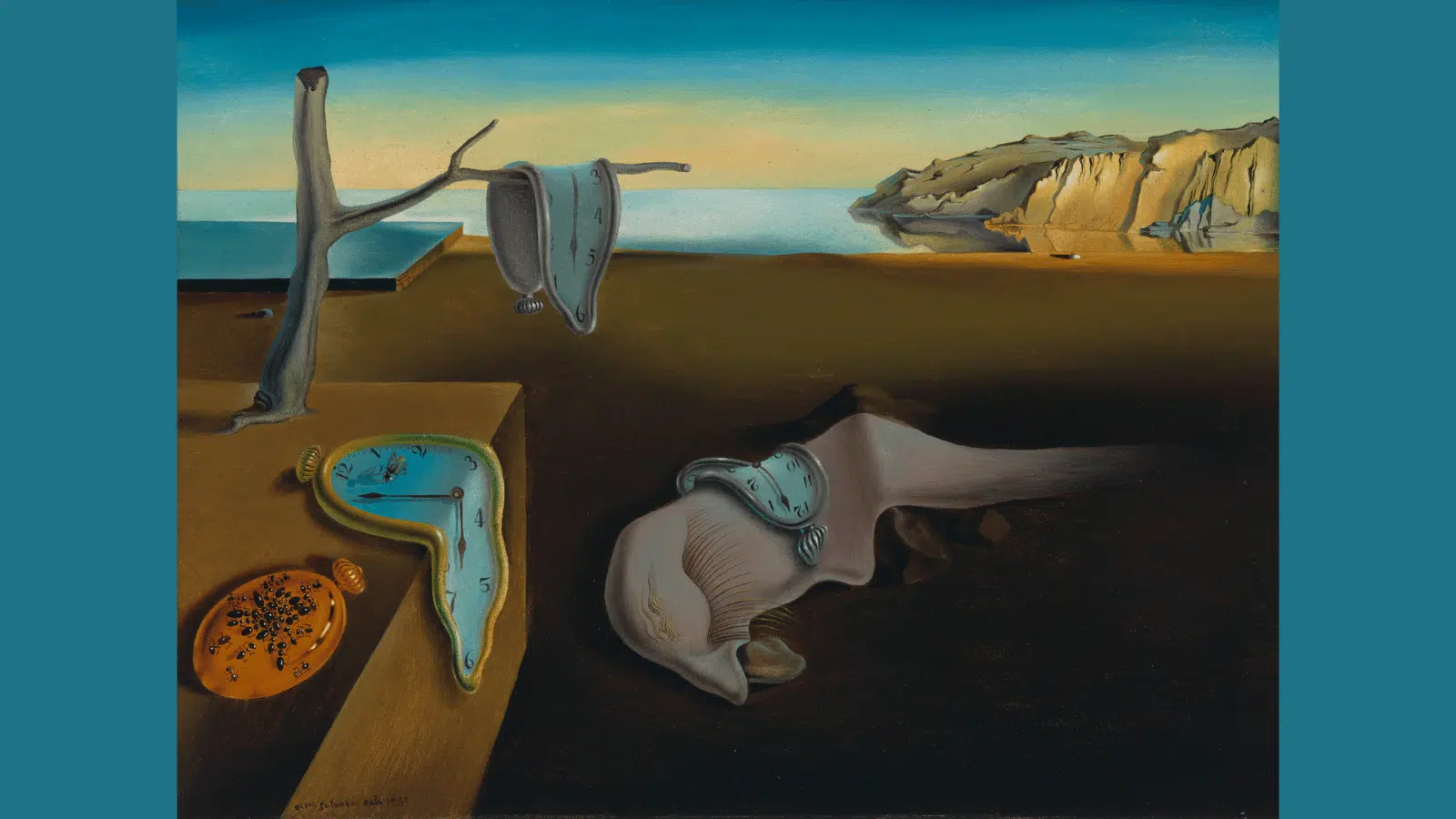 salvador dali's melting clocks draped over objects in a barren desert landscape symbolising fluid time. (1)