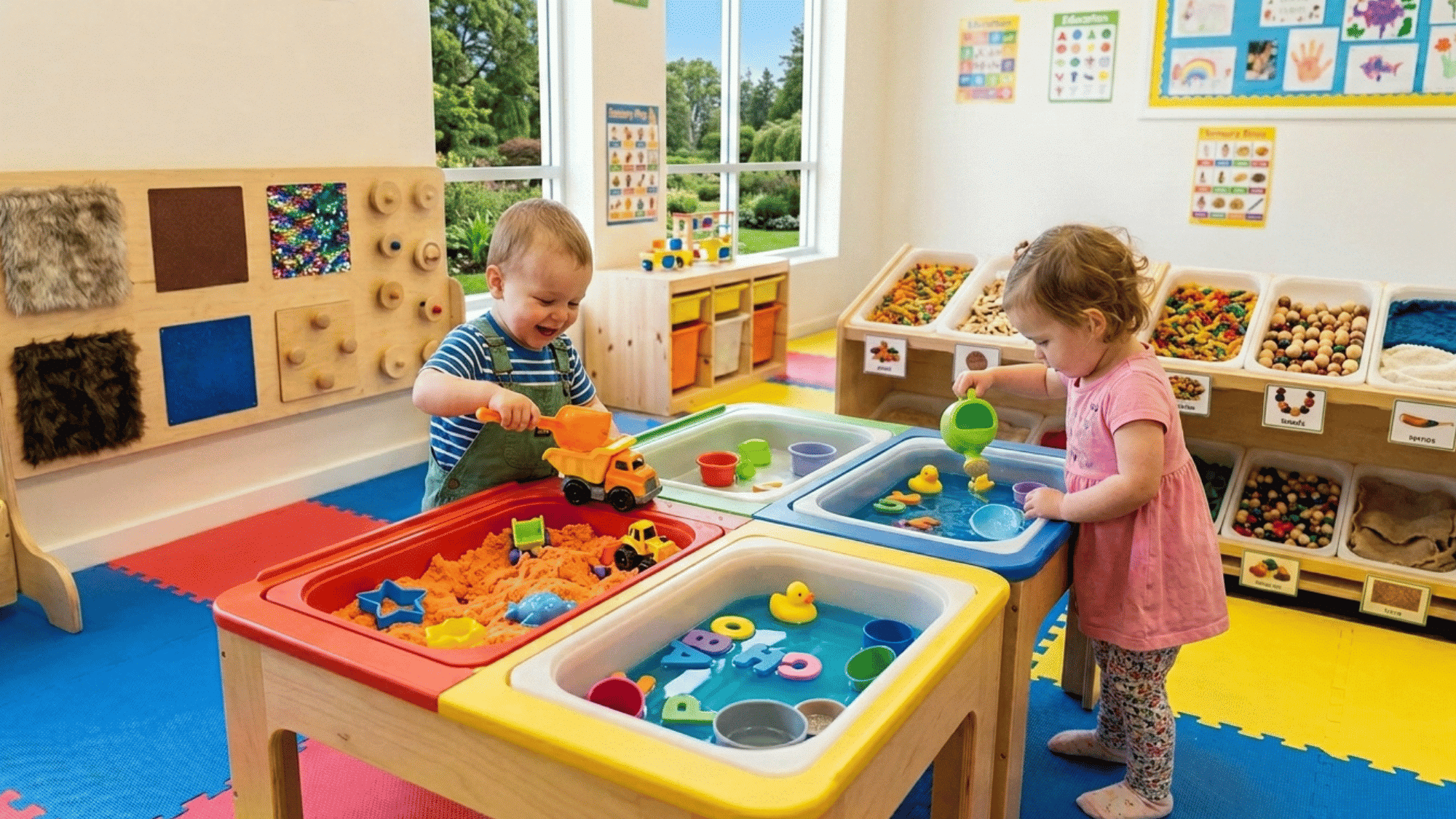 young children engage with water, sand, and tactile materials at interactive sensory play stations.