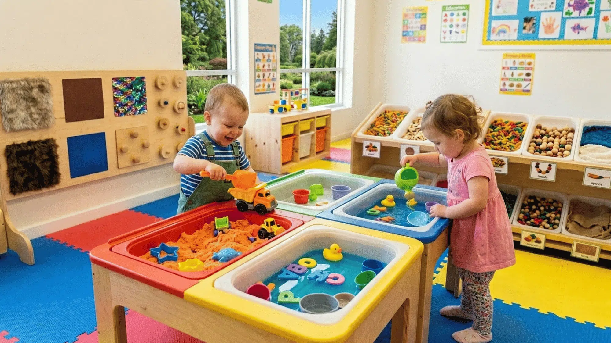 young children engage with water, sand, and tactile materials at interactive sensory play stations.
