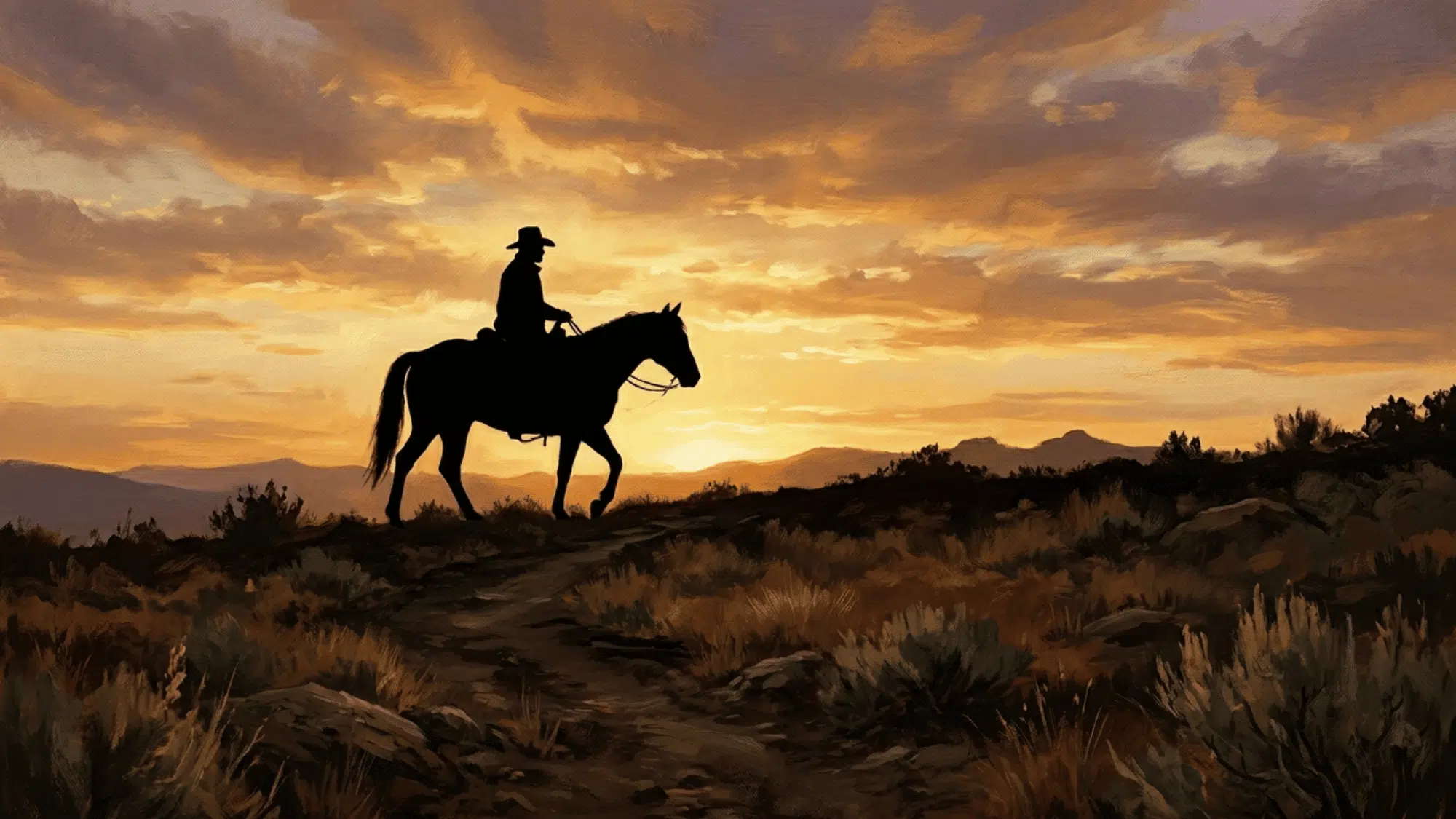 lone rider on horseback shown as a clear dark silhouette against a bright sunset sky