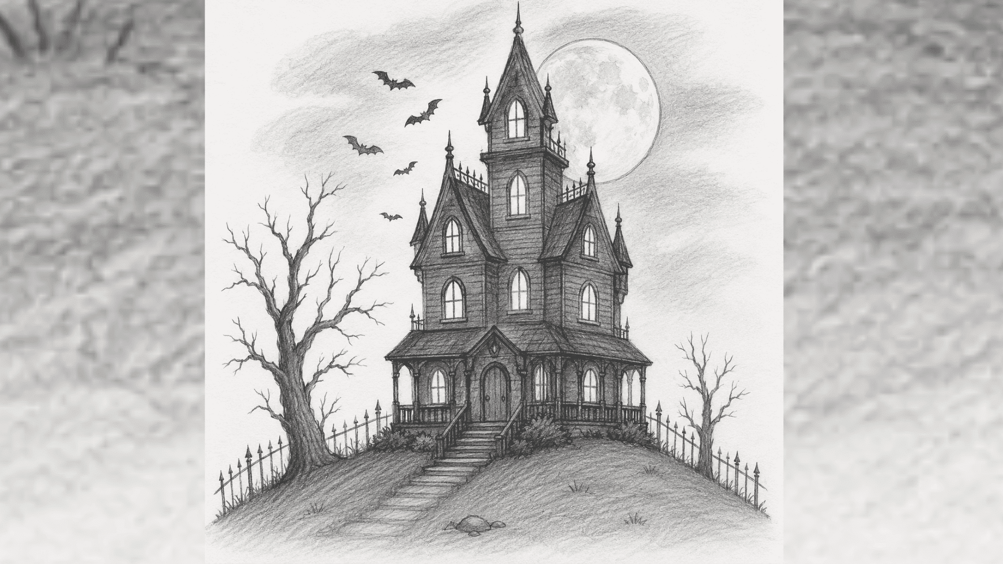 haunted house pencil sketch with bats, moonlit sky, dead trees, and detailed spooky victorian architecture.