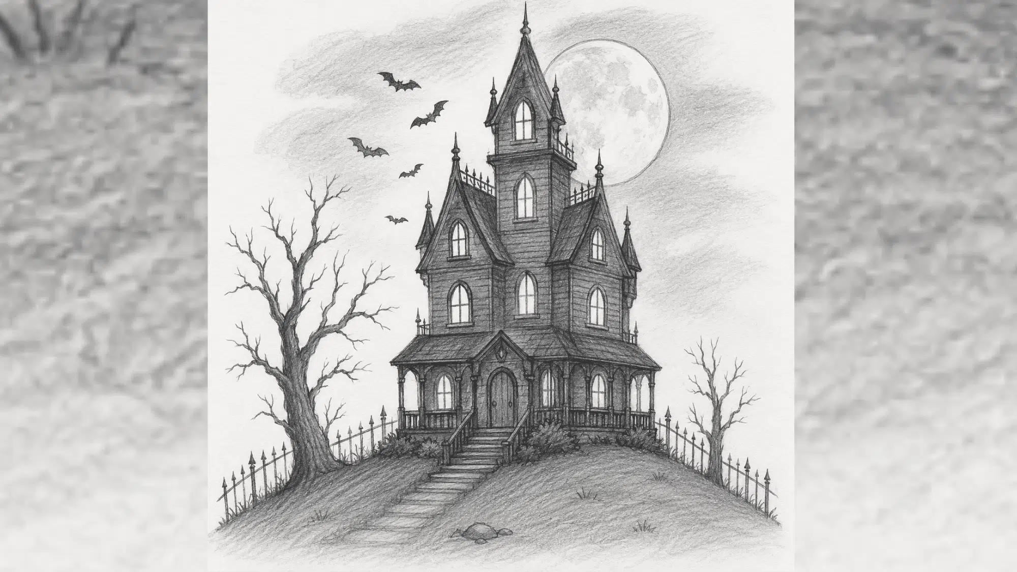 haunted house pencil sketch with bats, moonlit sky, dead trees, and detailed spooky victorian architecture.