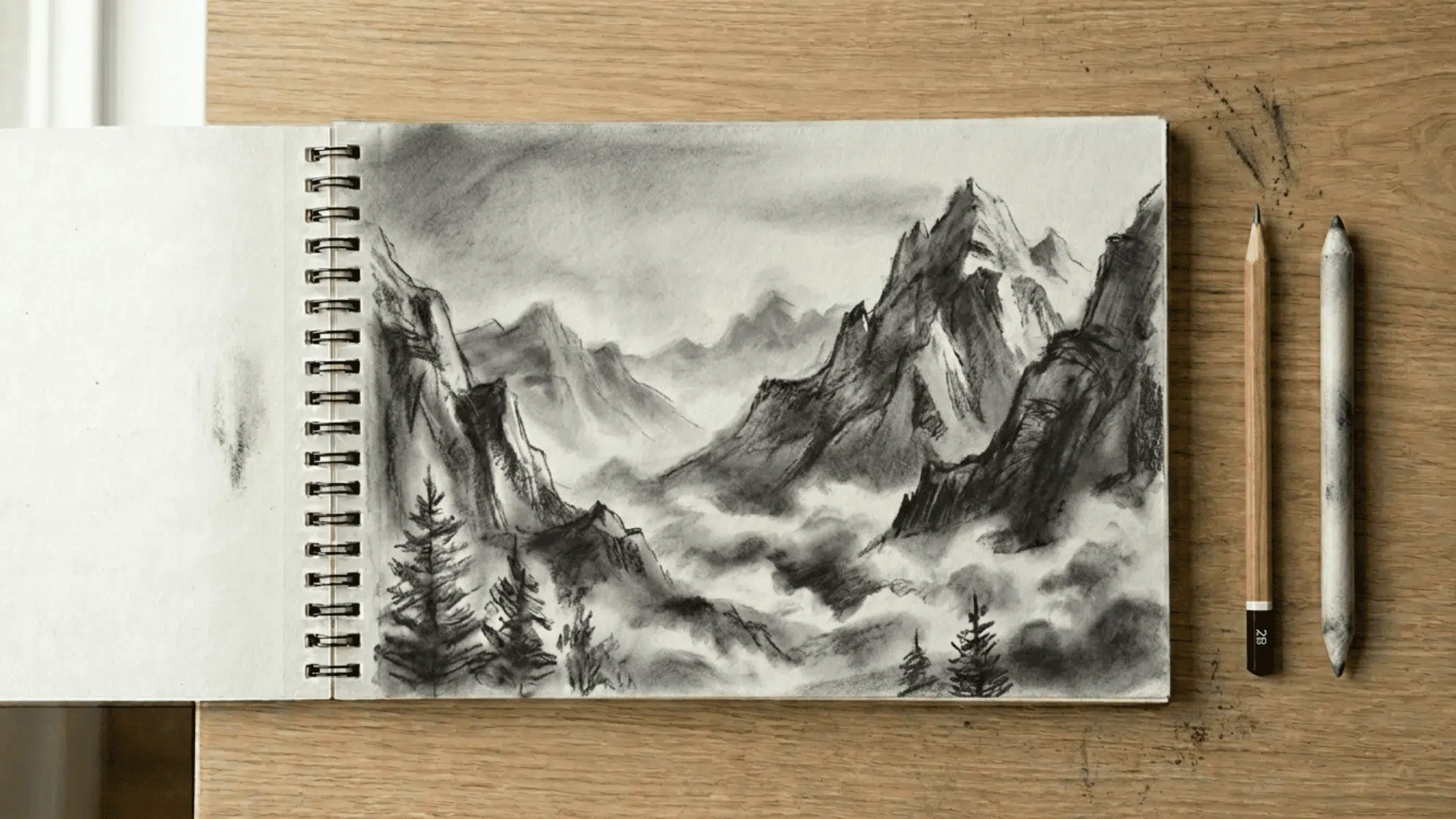 sketchbook on artist desk showing smudged shading in a mountain scene