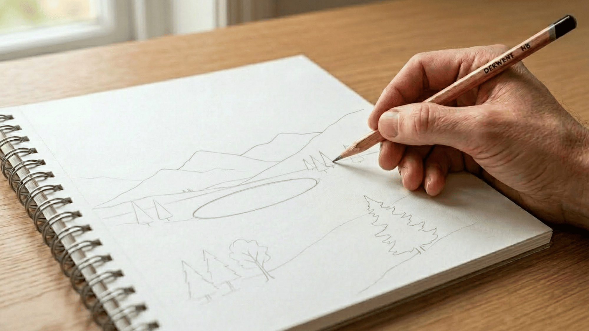 beginner sketch showing mountains, trees, and a lake outlined with simple landscape shapes.