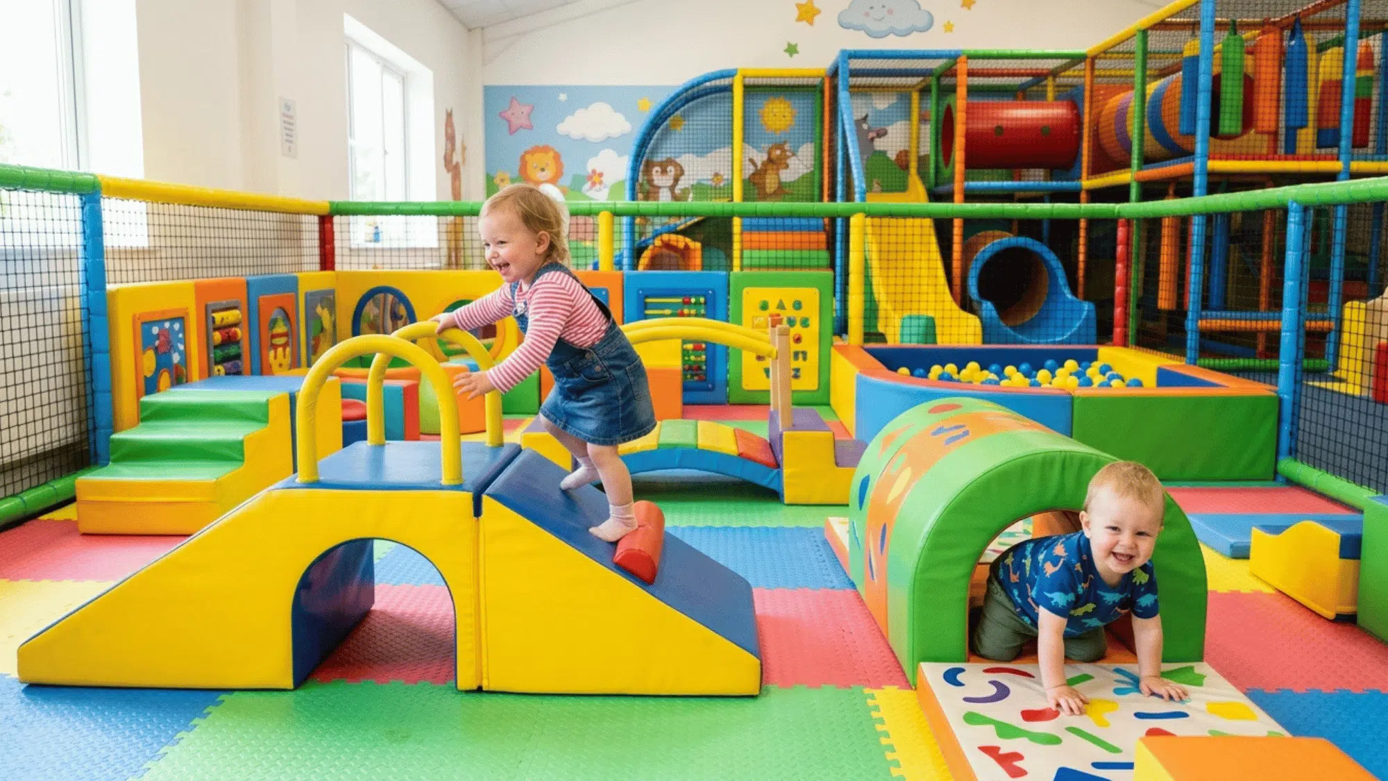 toddlers crawl, climb, and explore colorful soft-play equipment in a safe indoor activity center.