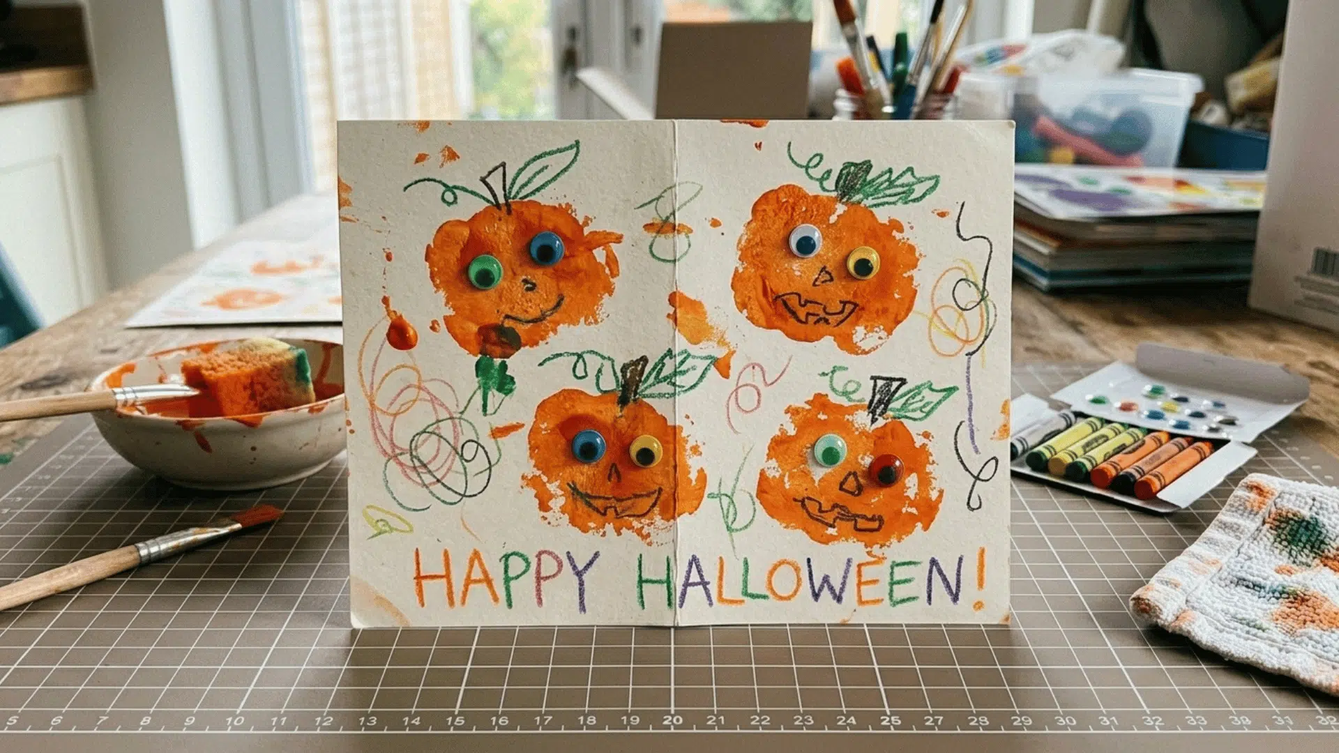 homemade pumpkin card featuring orange sponge-stamped pumpkin prints by a toddler