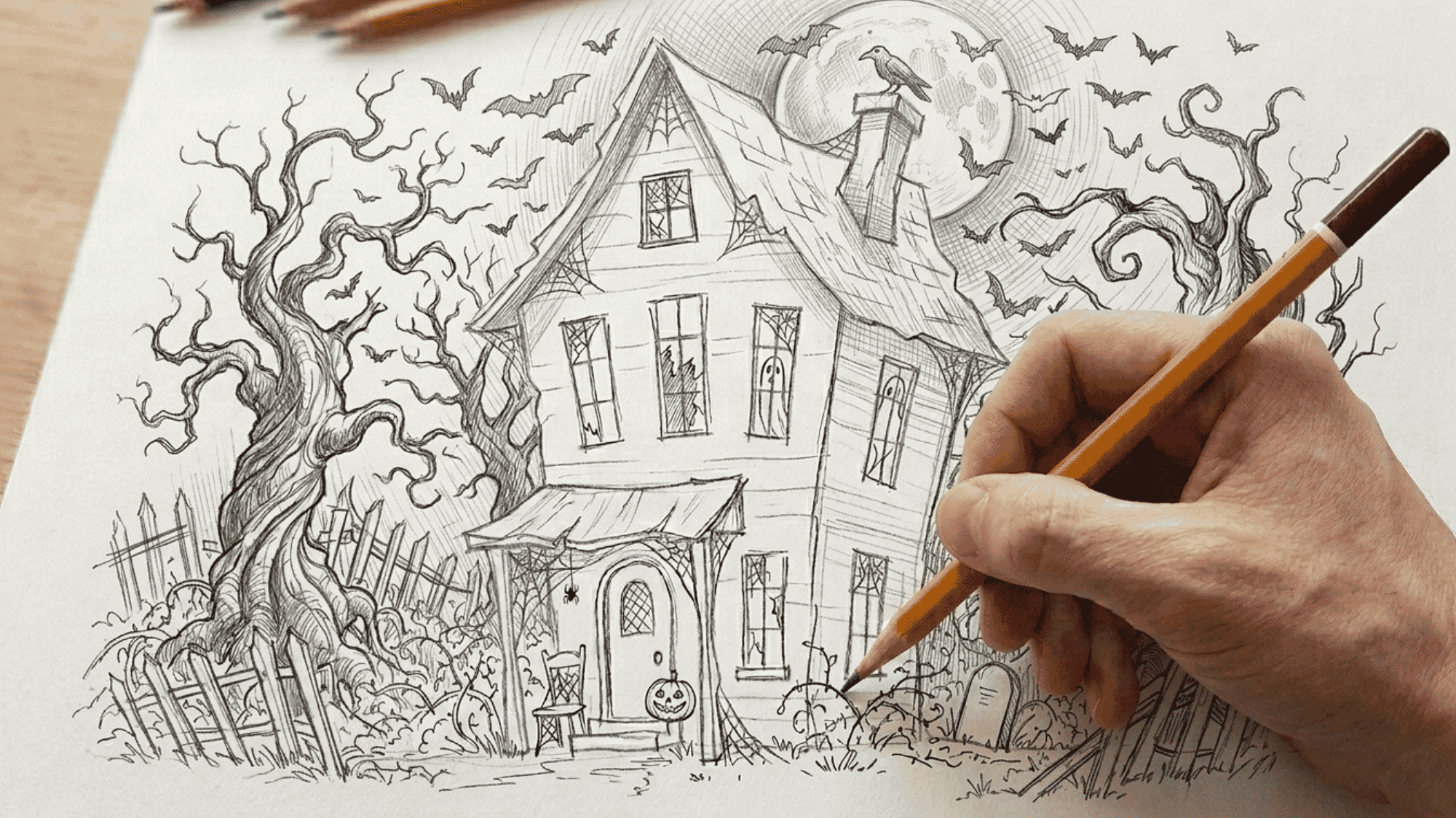 detailed haunted house drawing with bats, twisted trees, and spooky Halloween elements being sketched.