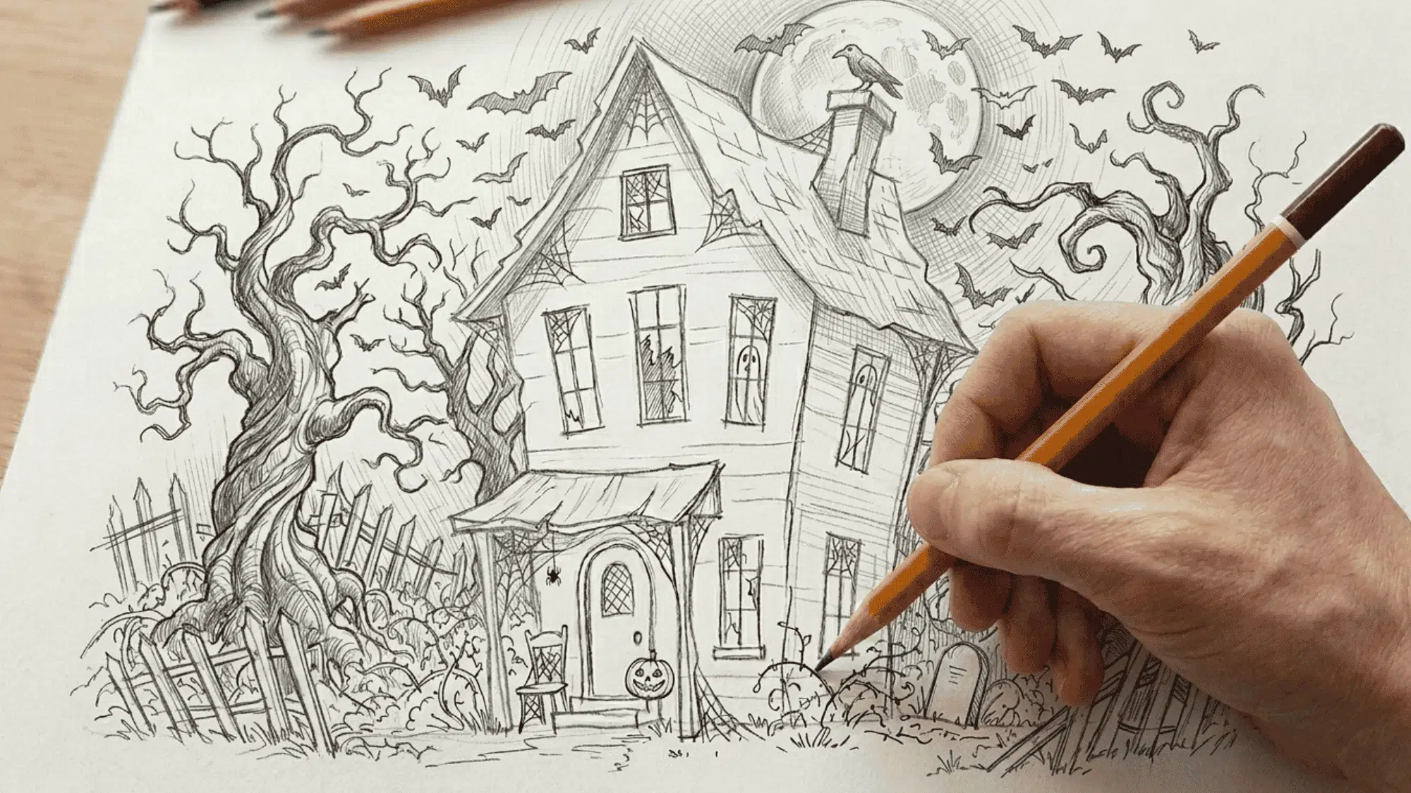 detailed haunted house drawing with bats, twisted trees, and spooky Halloween elements being sketched.
