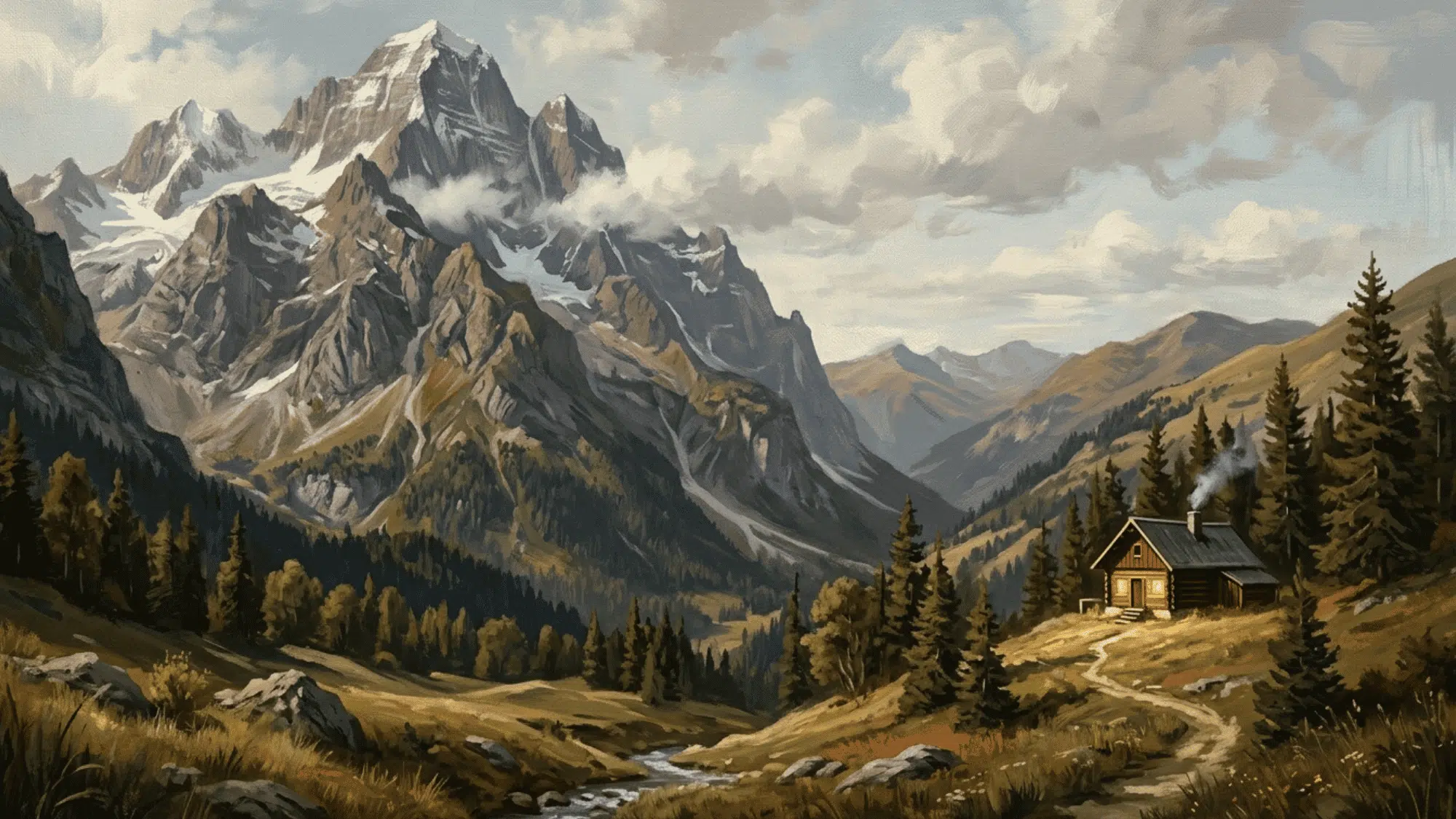 large mountain on the left balanced by a small lit cabin on the right, showing asymmetrical visual balance