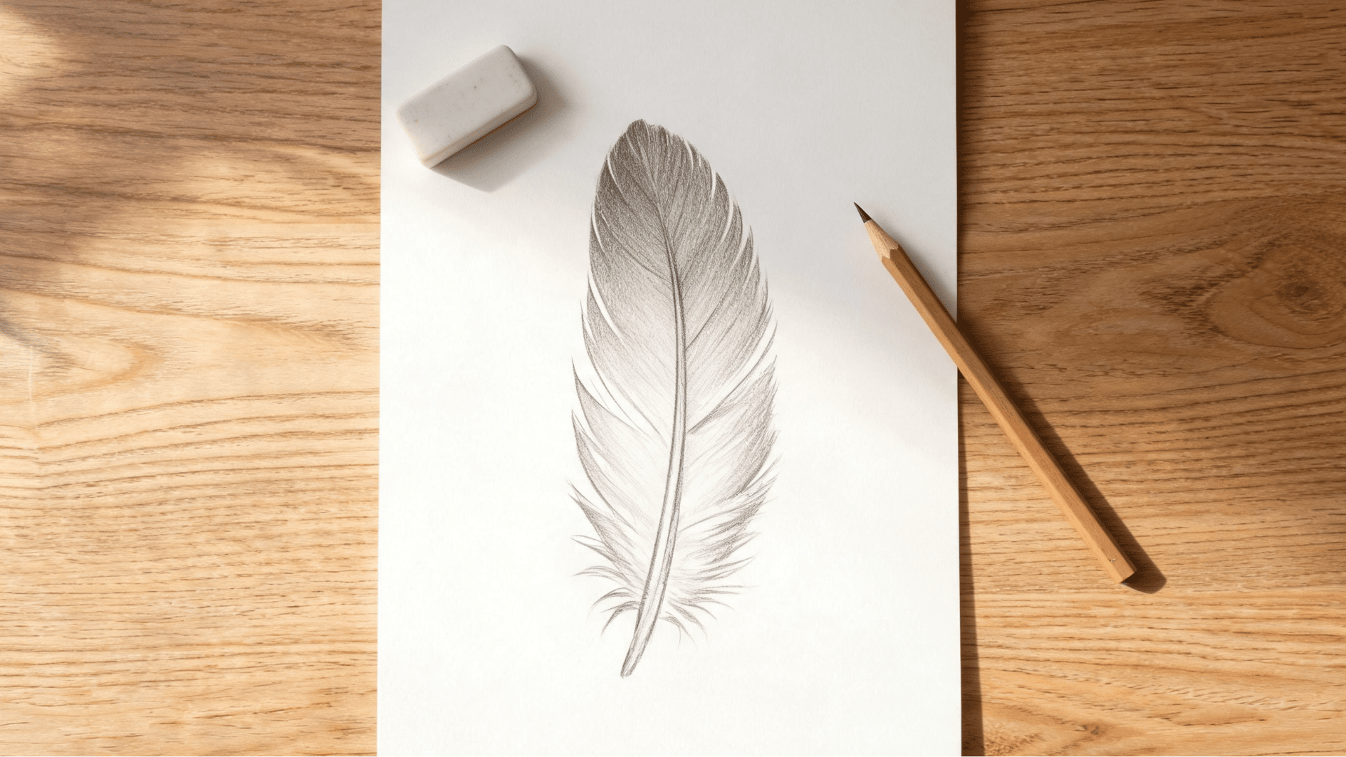 completed feather drawing with soft shading and realistic texture on sketchbook paper