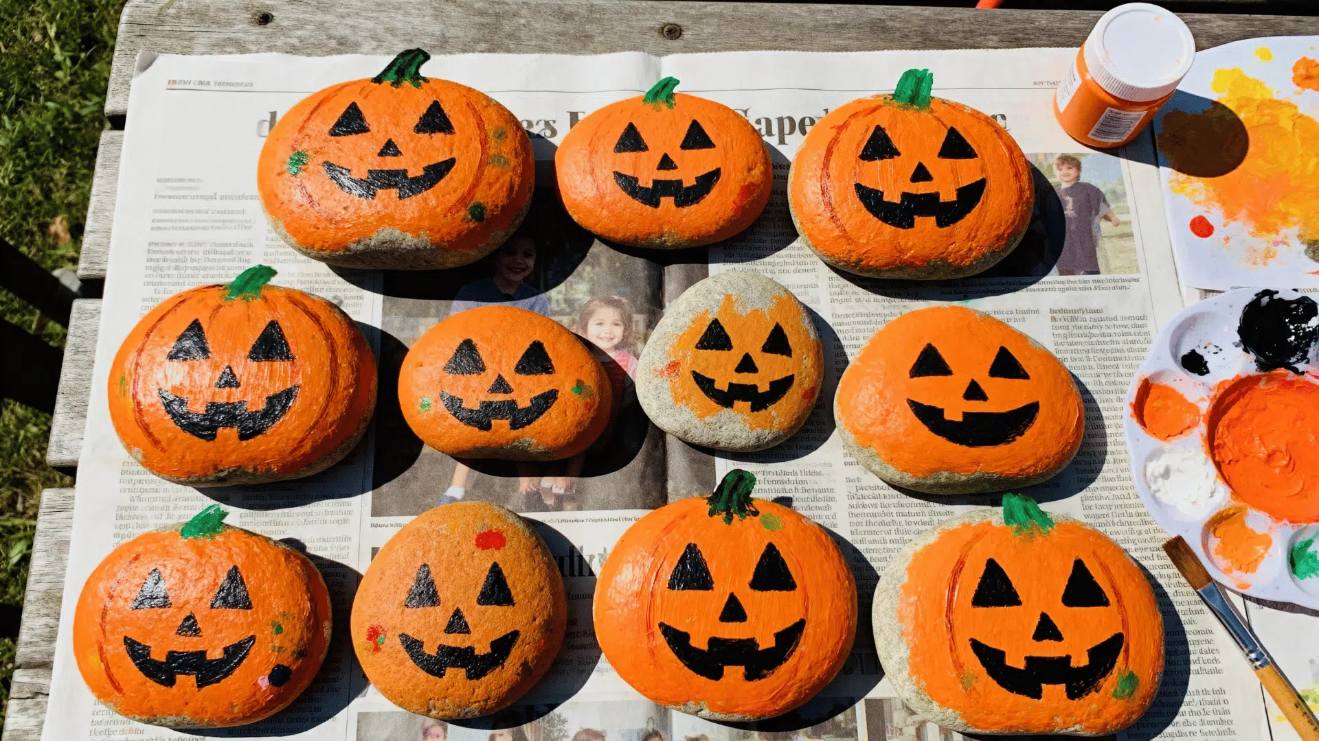 pumpkin-painted rocks decorated with simple jack-o'-lantern faces by a toddler