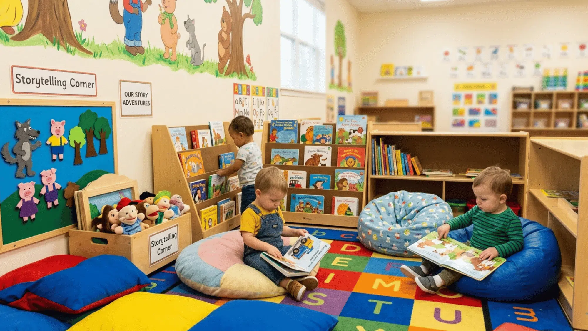 young children read books and explore stories in a cozy reading corner with colorful bookshelves.