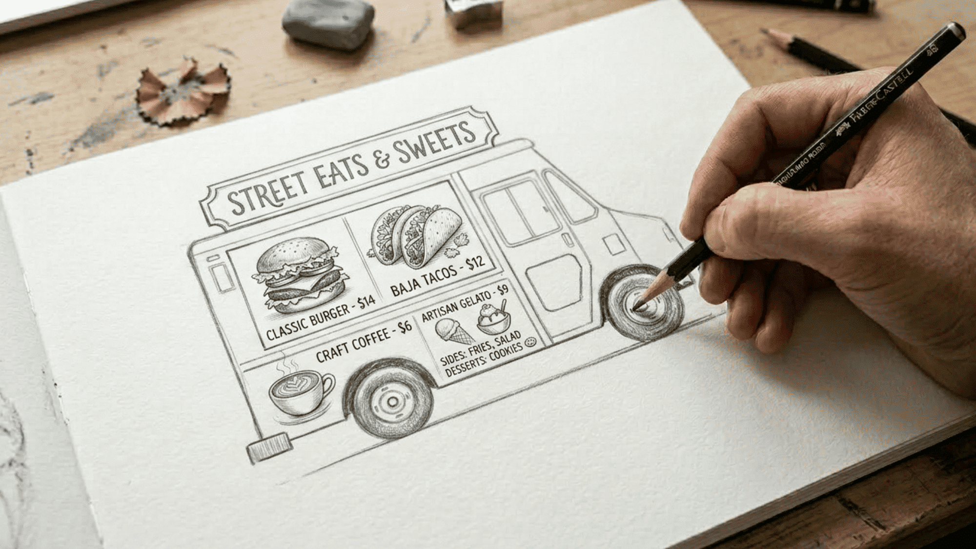 detailed pencil illustration of a food truck menu with burgers, tacos, coffee, and desserts