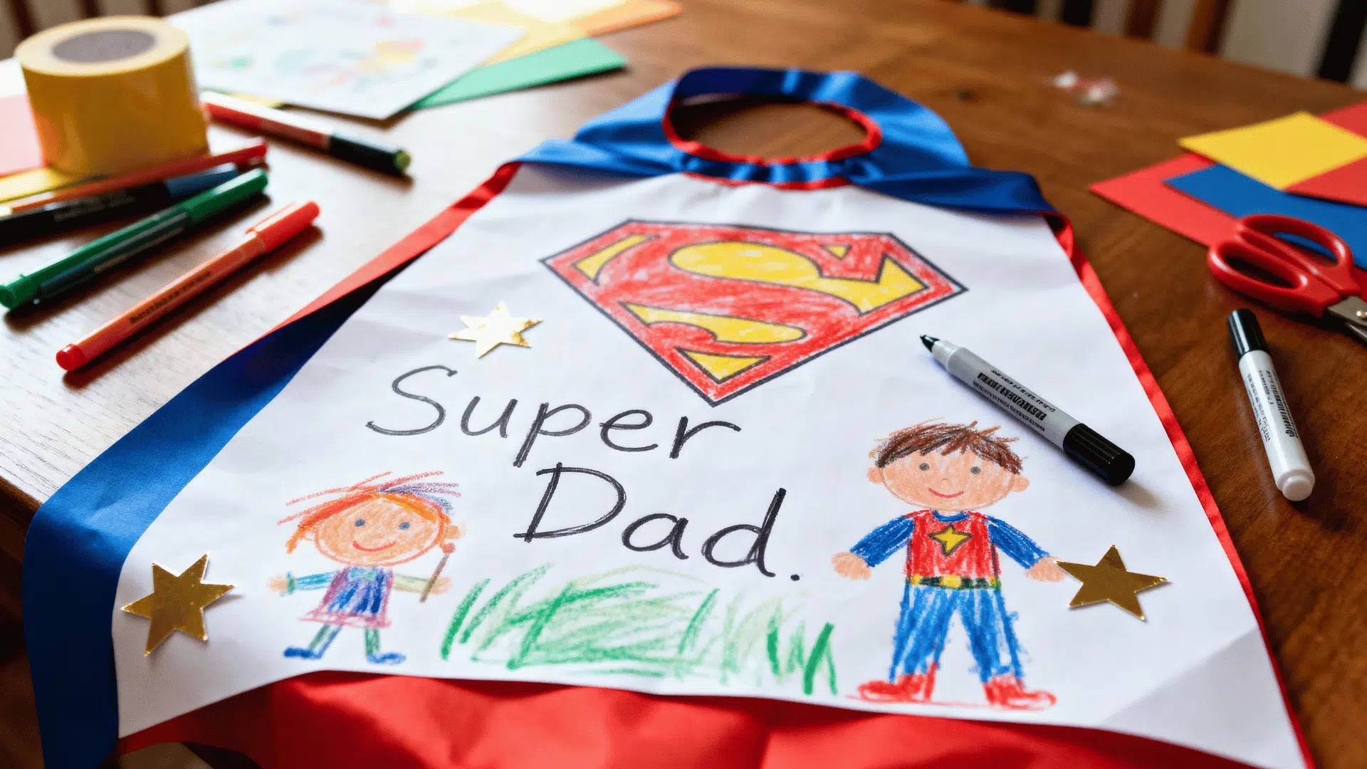 super Dad cape craft made with paper, stars, and toddler drawings.