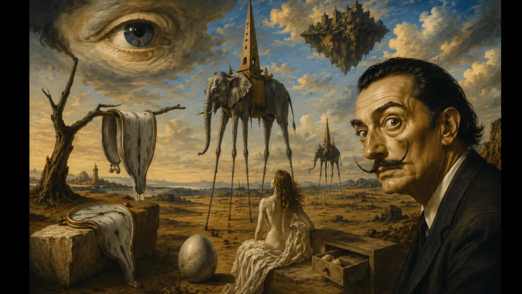 _surreal salvador dali-inspired artwork featuring melting clocks, long-legged elephants, floating structures, and dreamlike desert landscapes.