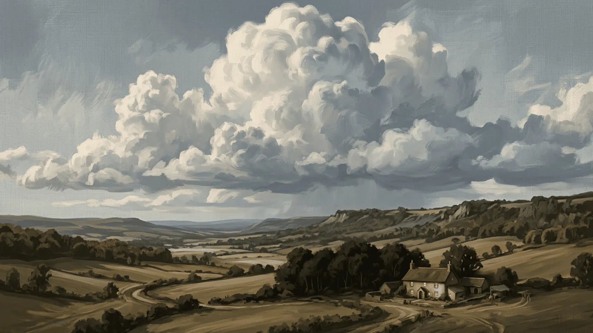 large floating cloud balanced by a small illuminated farmhouse below in a quiet landscape