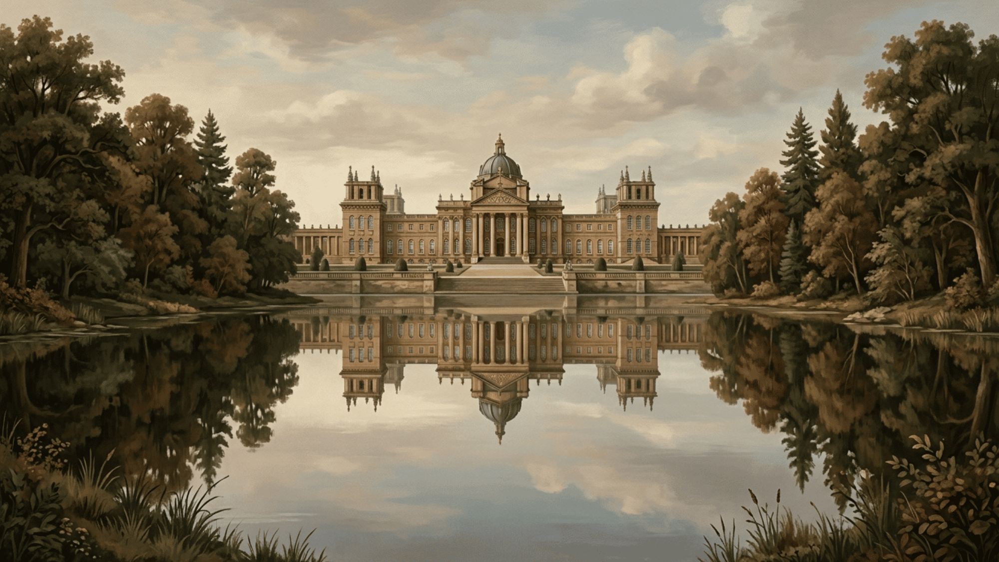 centered palace reflected in a still lake, with mirrored trees creating a calm symmetrical composition