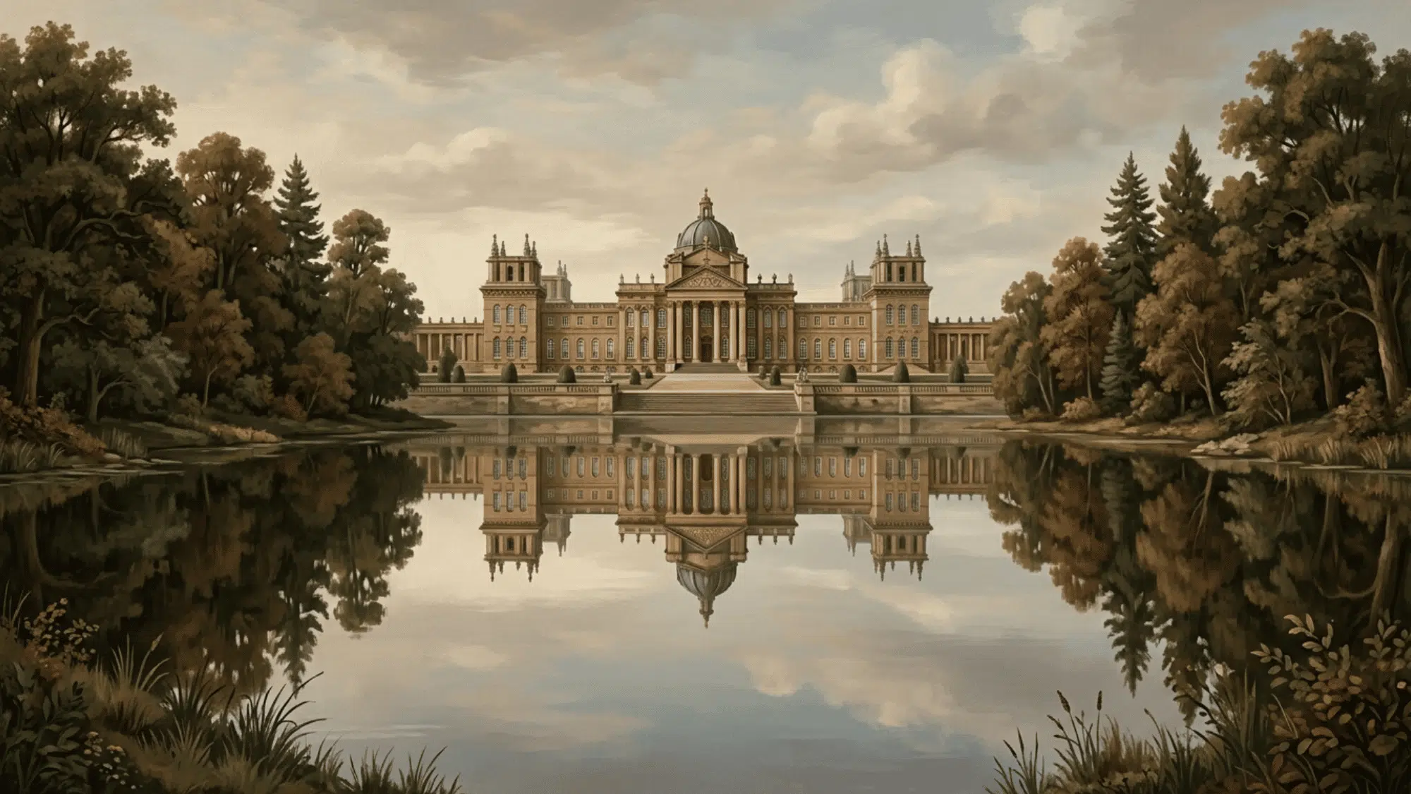 centered palace reflected in a still lake, with mirrored trees creating a calm symmetrical composition