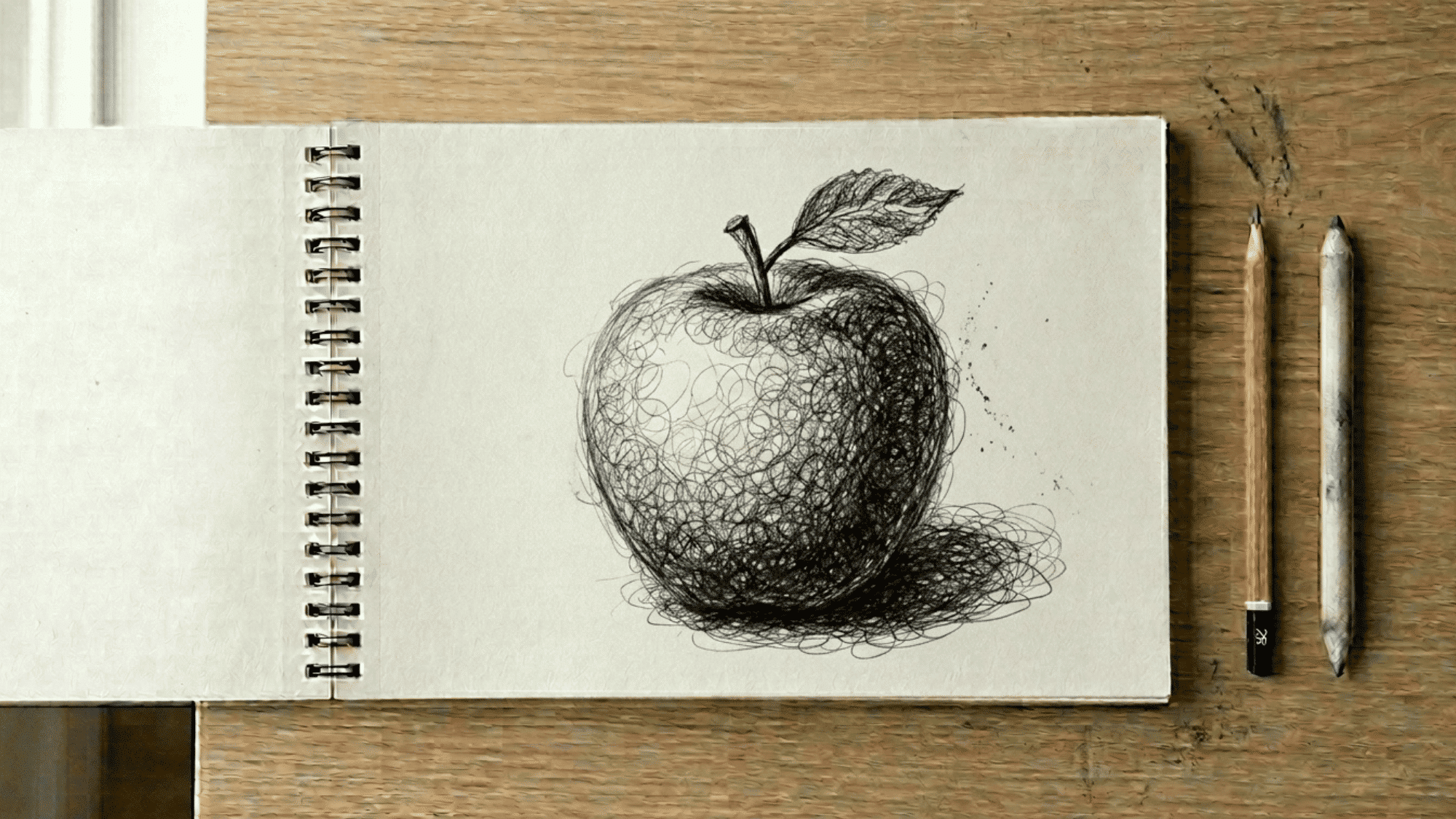 sketchbook on artist desk showing tonal scribbling on an apple sketch