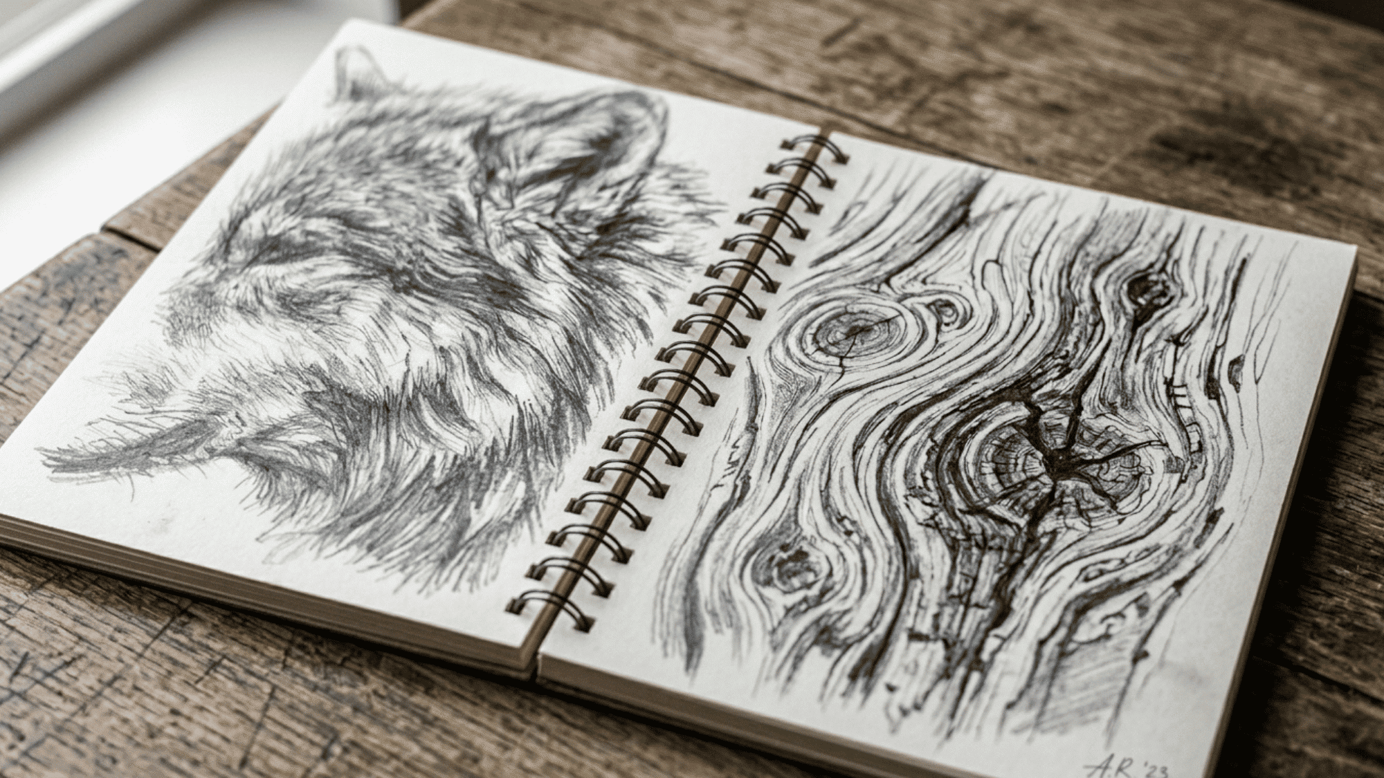 sketchbook spread with animal fur study and wood grain texture drawings