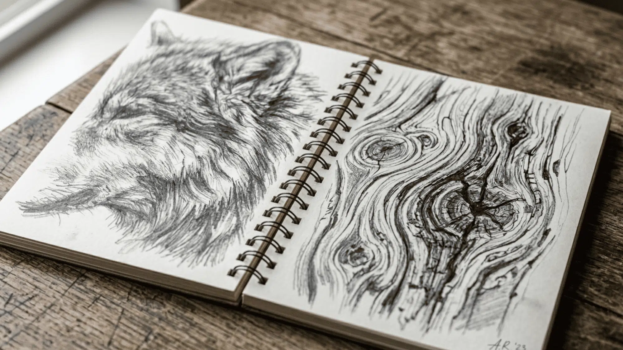 sketchbook spread with animal fur study and wood grain texture drawings